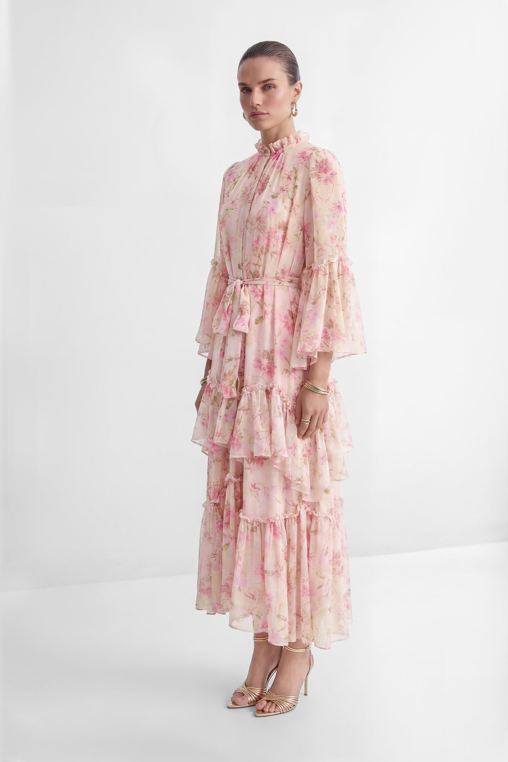 Dreamy Occasions Pink Floral Print Tiered Ruffle Maxi Dress