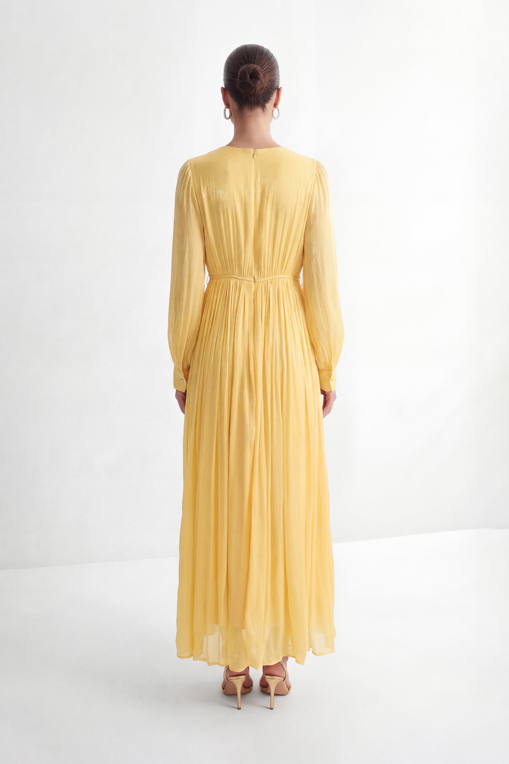 Exceptionally Pristine Yellow Beaded Embroidered V-Neck Maxi Dress