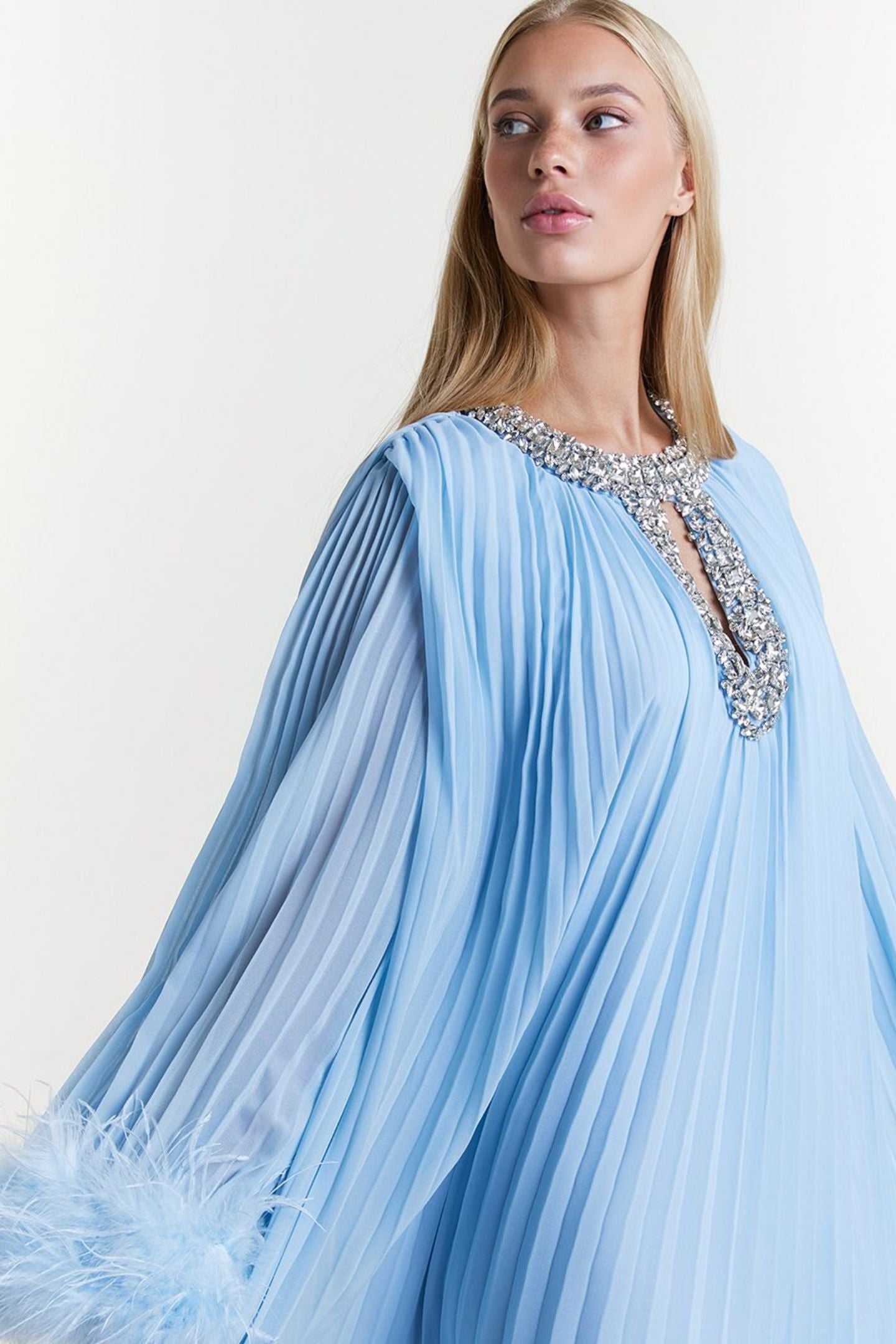 Yvonne Diamante Feathered Pleated Maxi Chiffon Dress