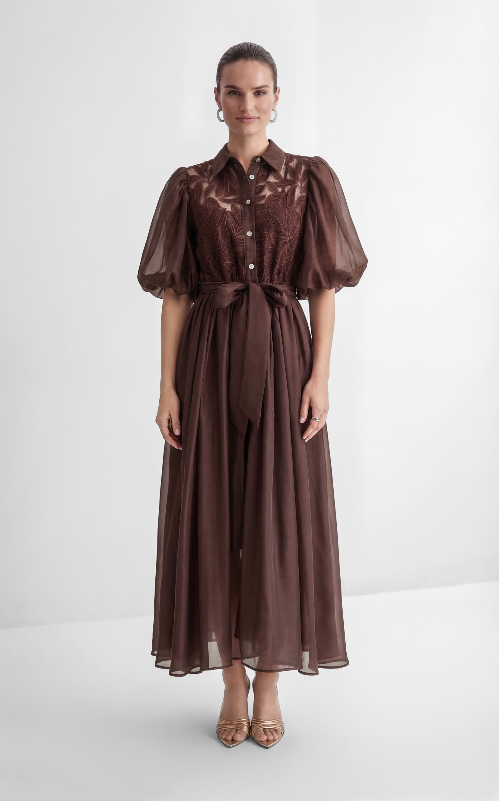 Breezy Wanderings Brown Leaf Embroidered Puff Sleeve Maxi Dress