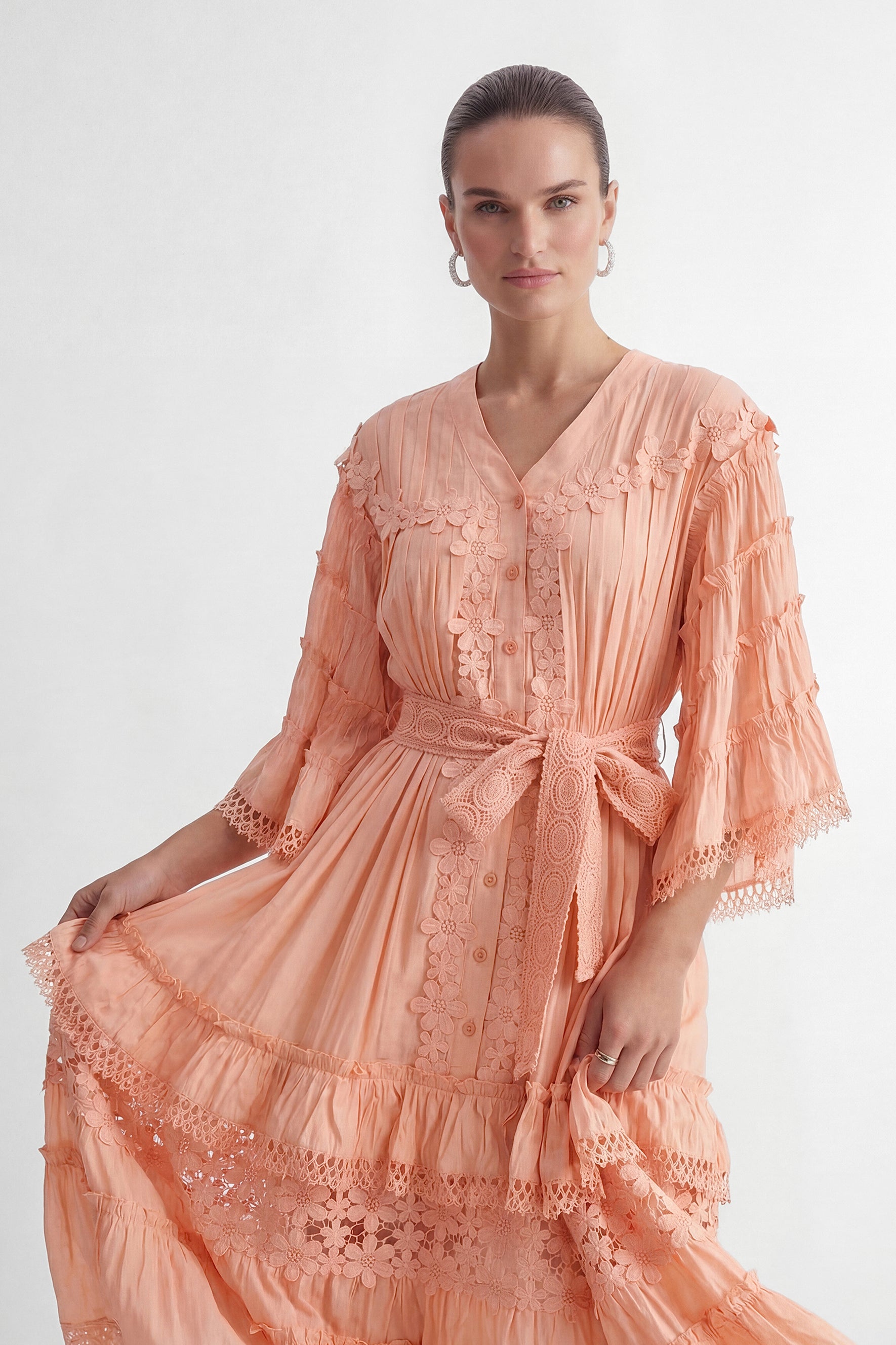 Sweet Sophistication Pink Floral Applique Tiered Maxi Dress