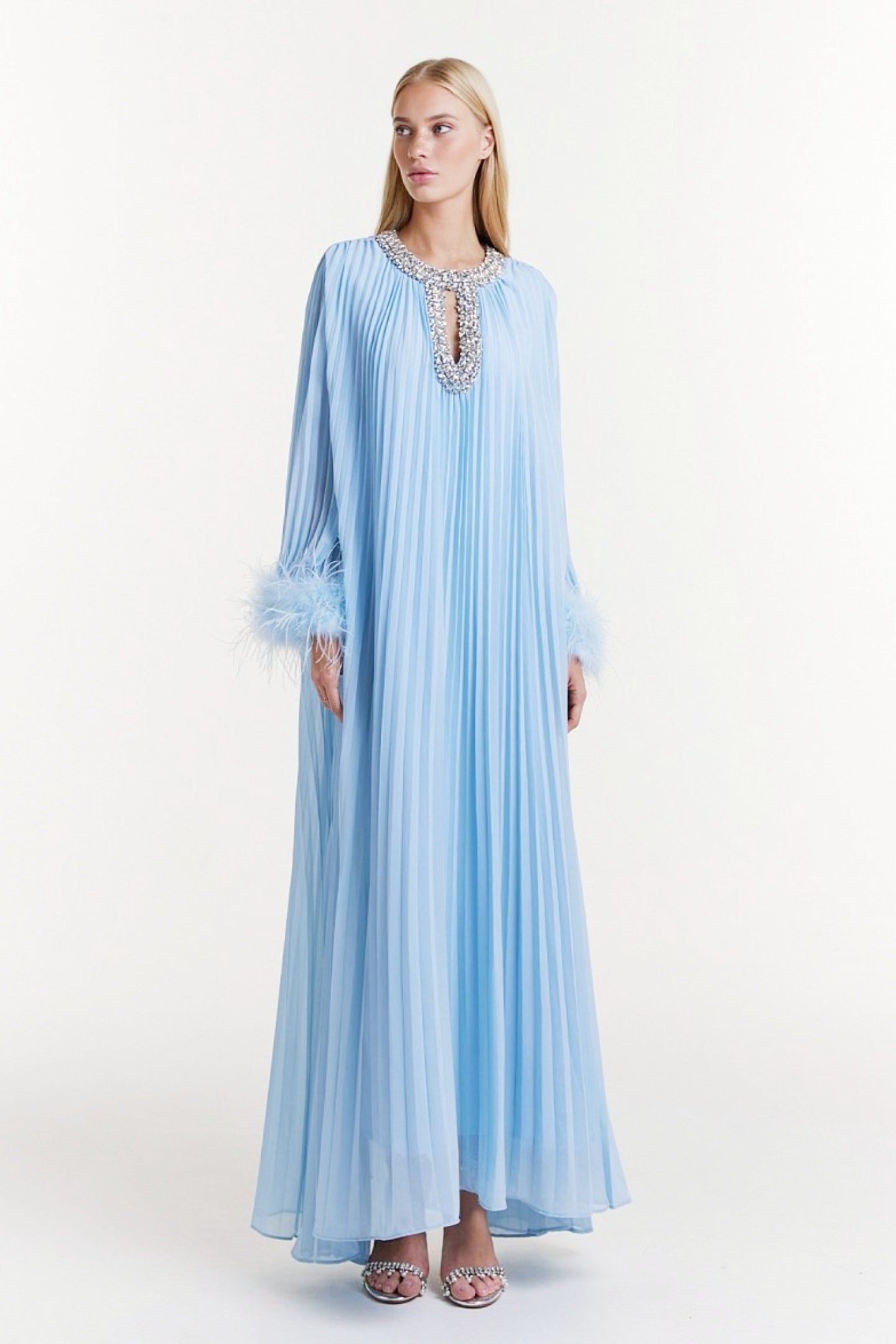 Yvonne Diamante Feathered Pleated Maxi Chiffon Dress