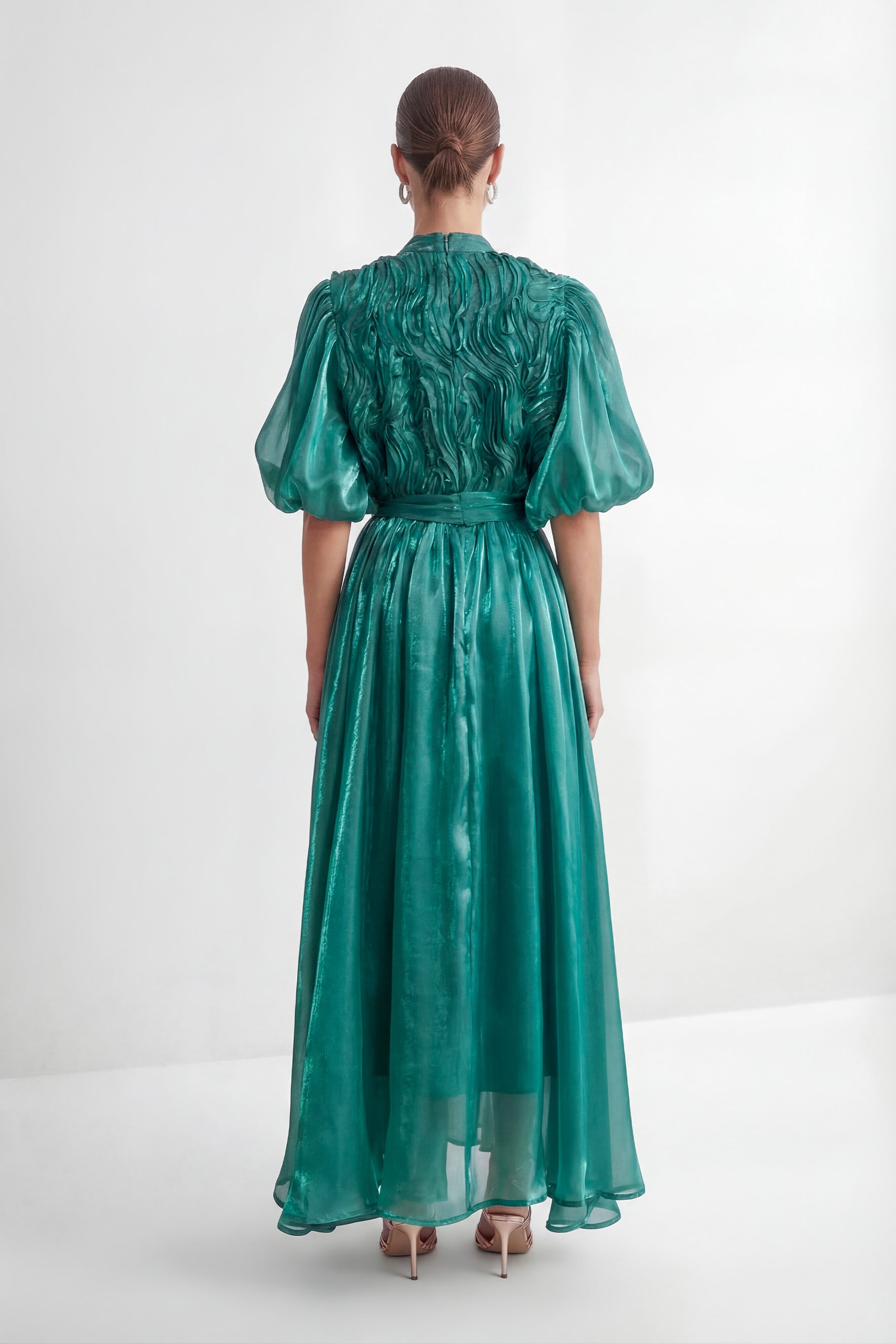 Graceful Darling Blue Ruffled Bodice Puff Sleeve Maxi Dress