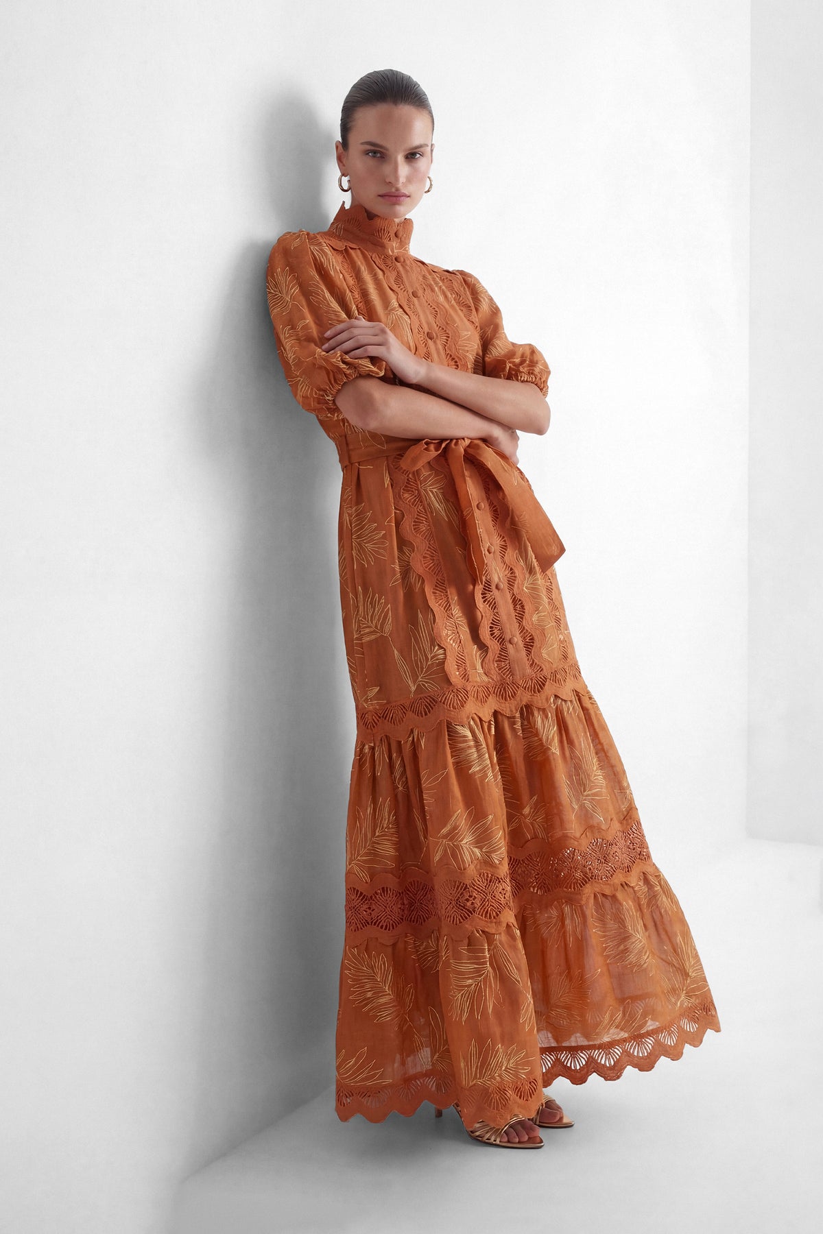 Secret Rendezvous Brown Leaf Embroidered Tiered Maxi Dress