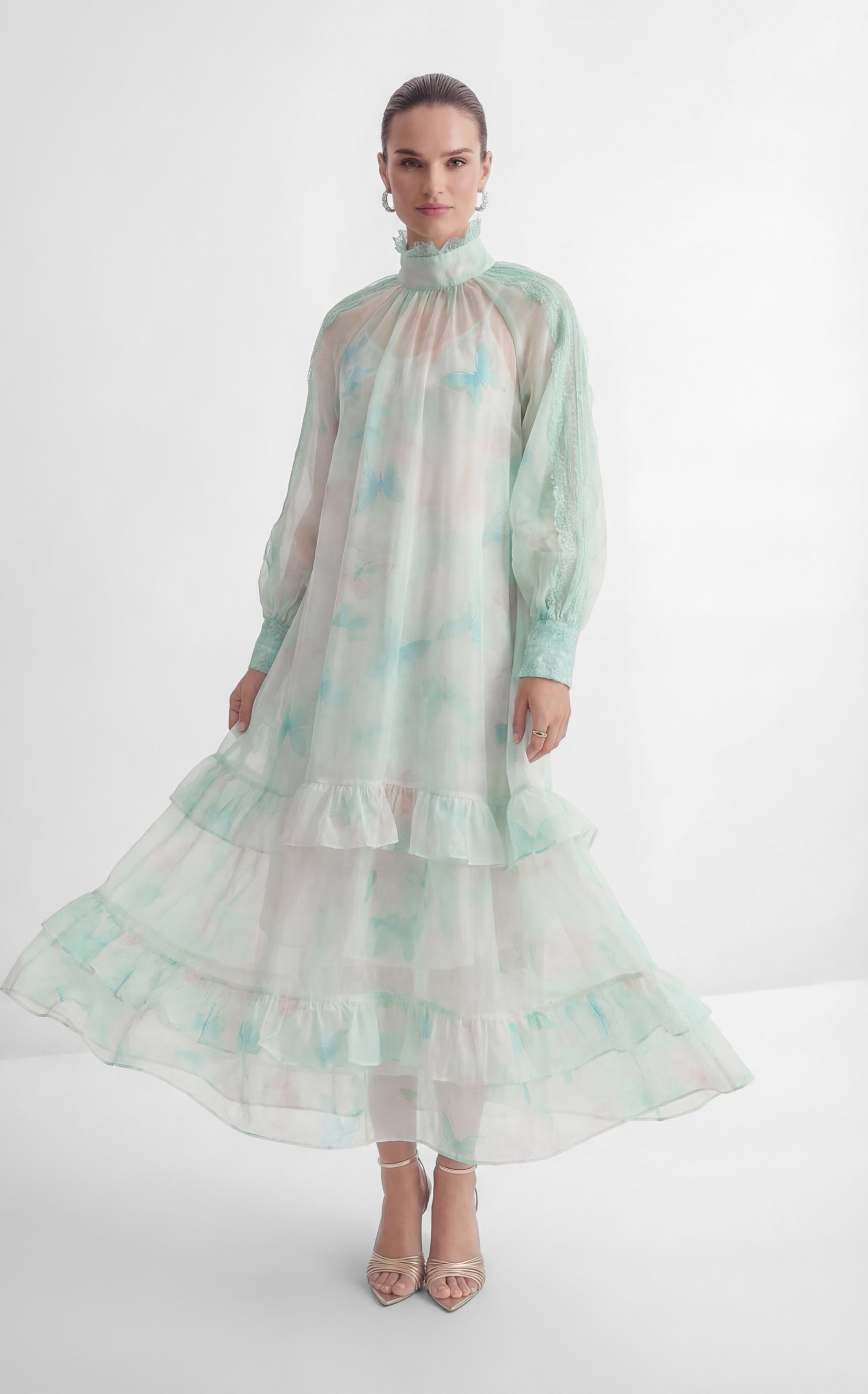 Venus Chartreuse Mint Butterfly Print Tiered Ruffle Maxi Dress