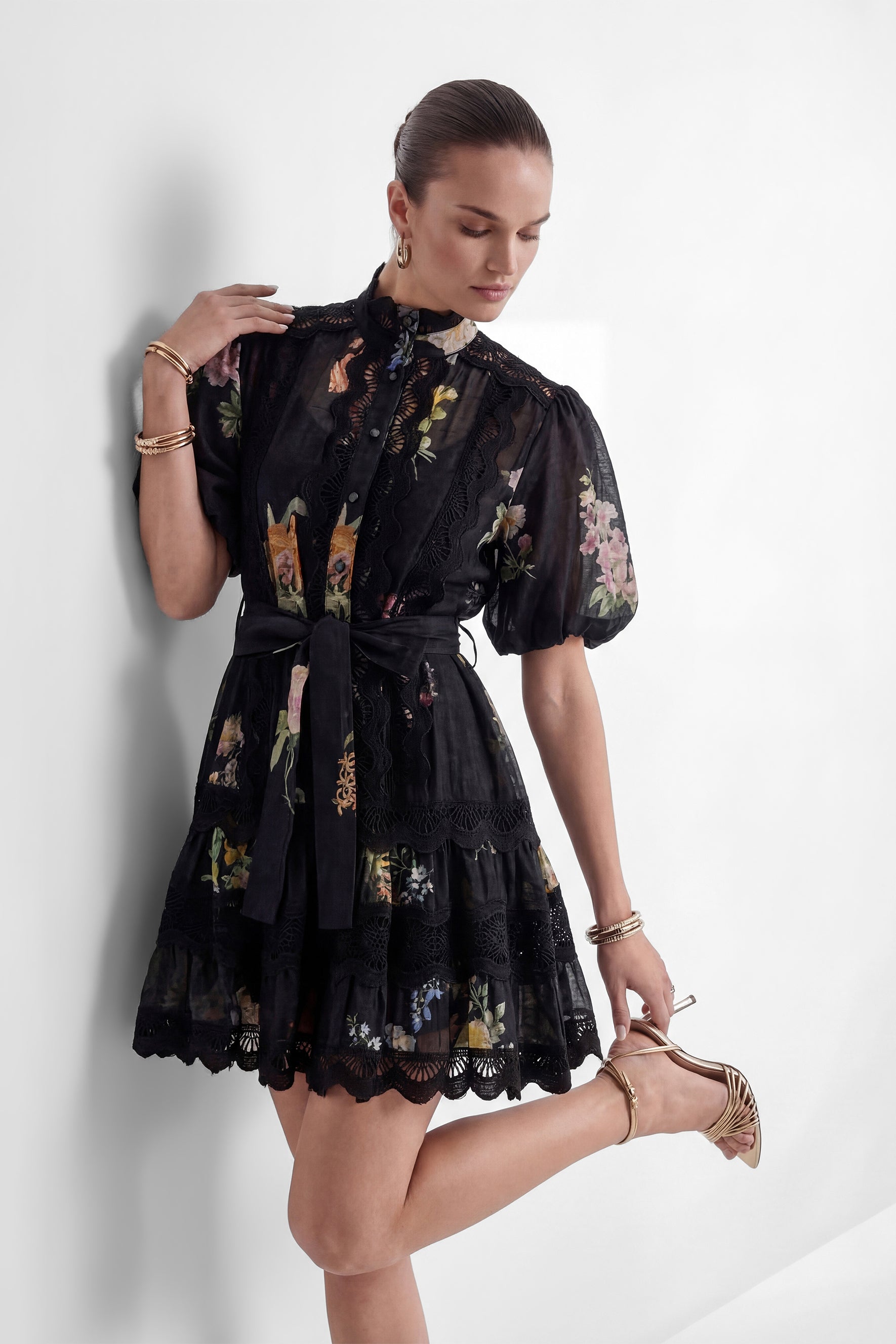 Radiance In The Dark Black Floral Print Lace Trim Mini Dress