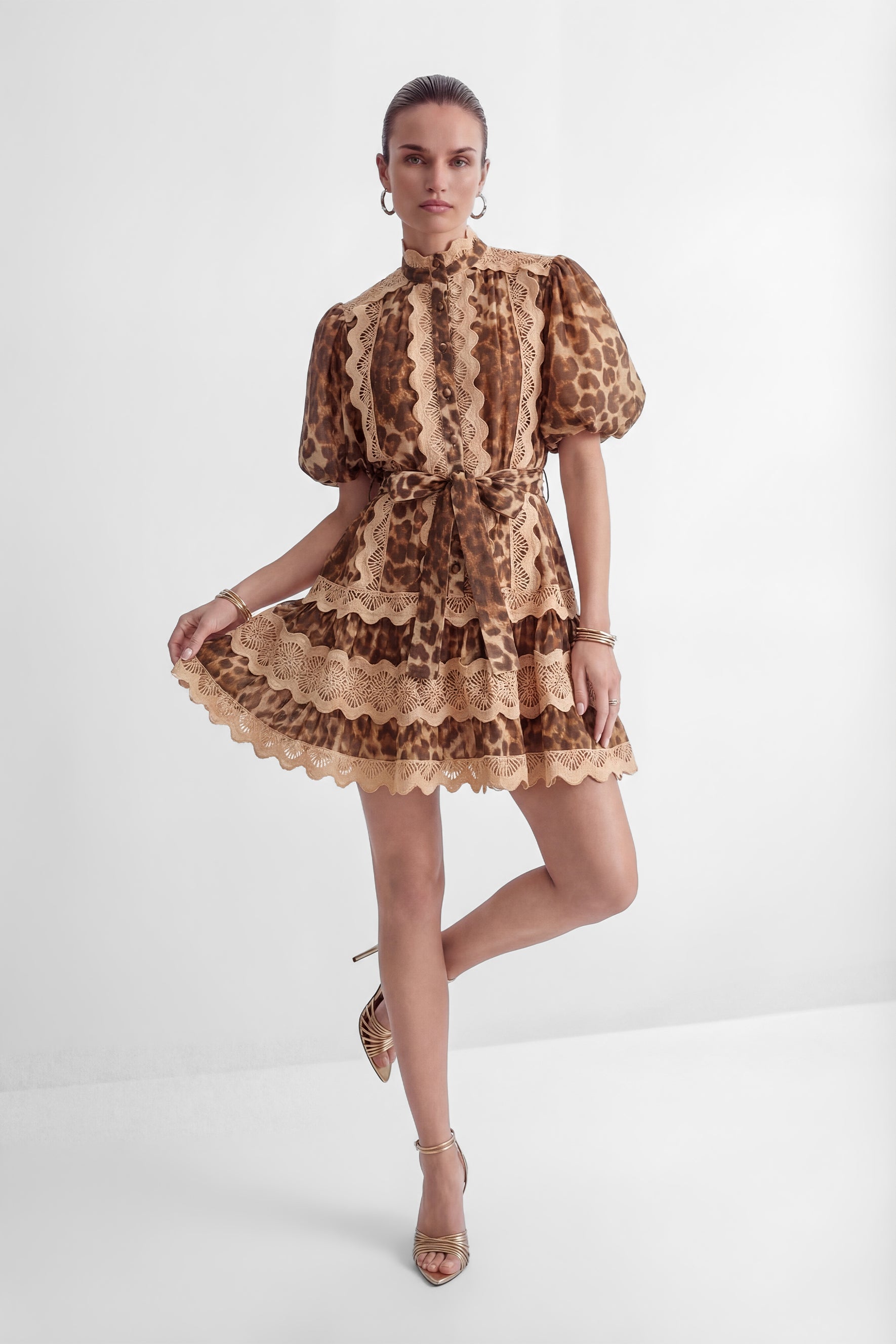 Excellent Mood Brown Leopard Print Lace Trim Mini Dress