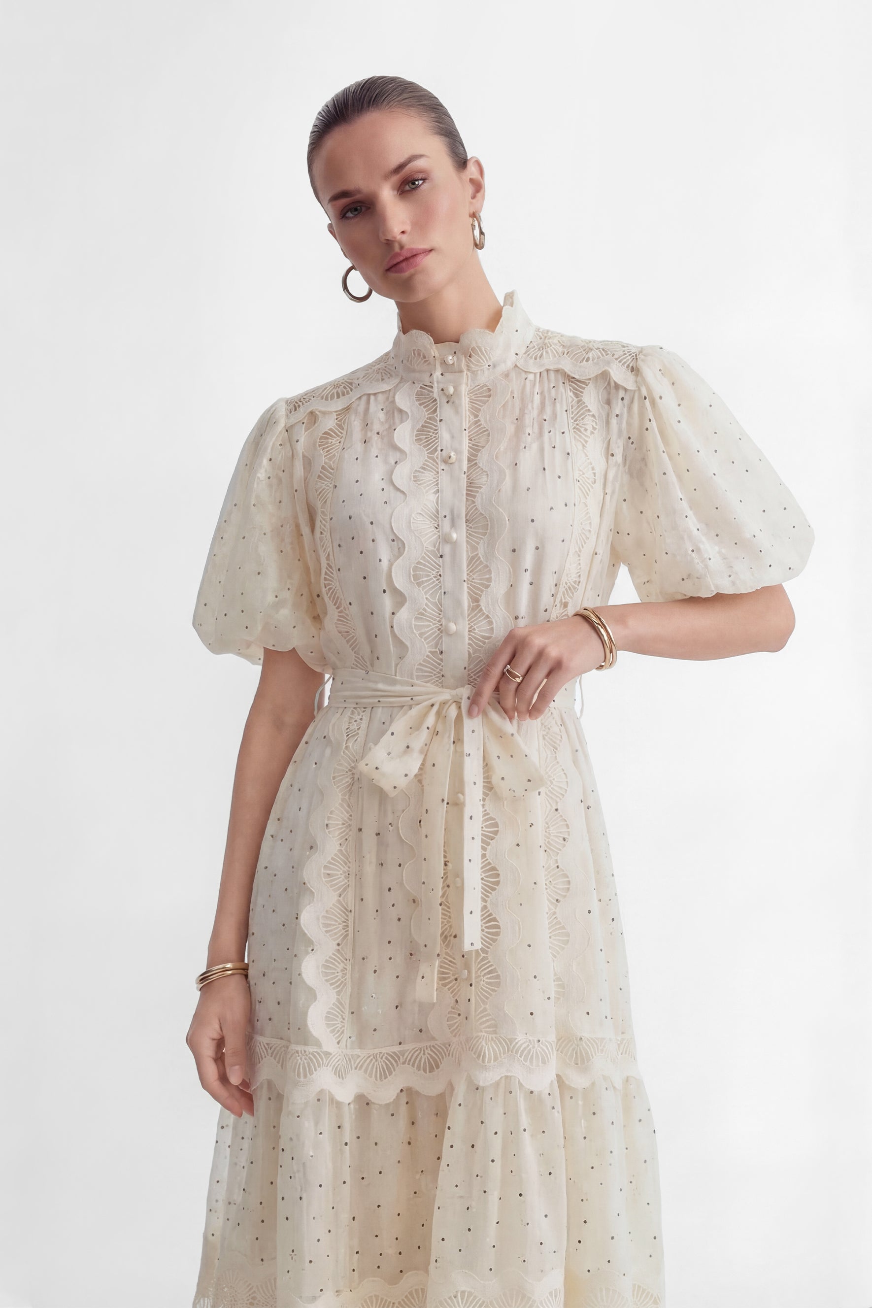 Momentous Love Beige Lace Trim Polka Dot Maxi Dress