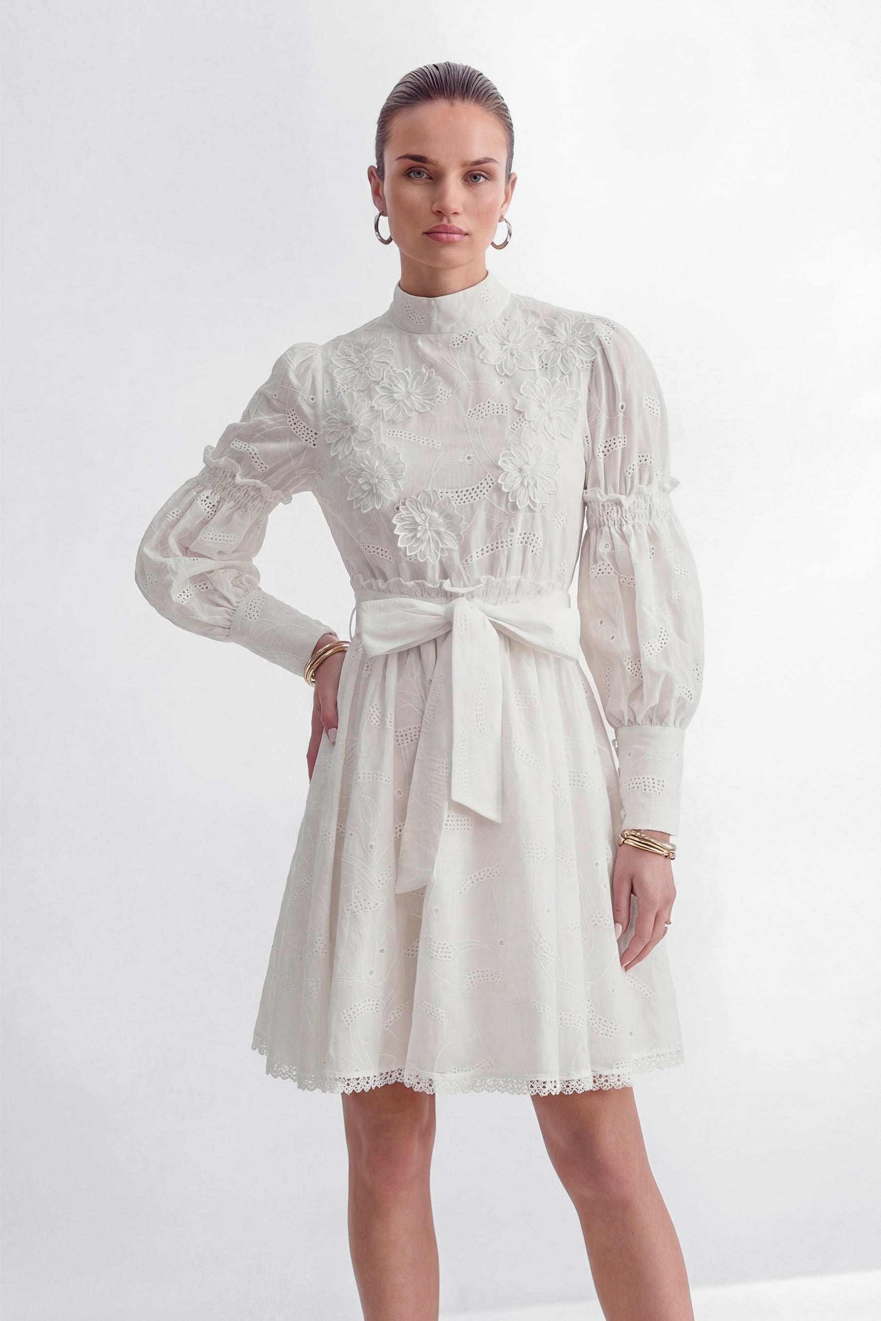 Loveliest Looks White Floral Embroidery Belted Mini Dress