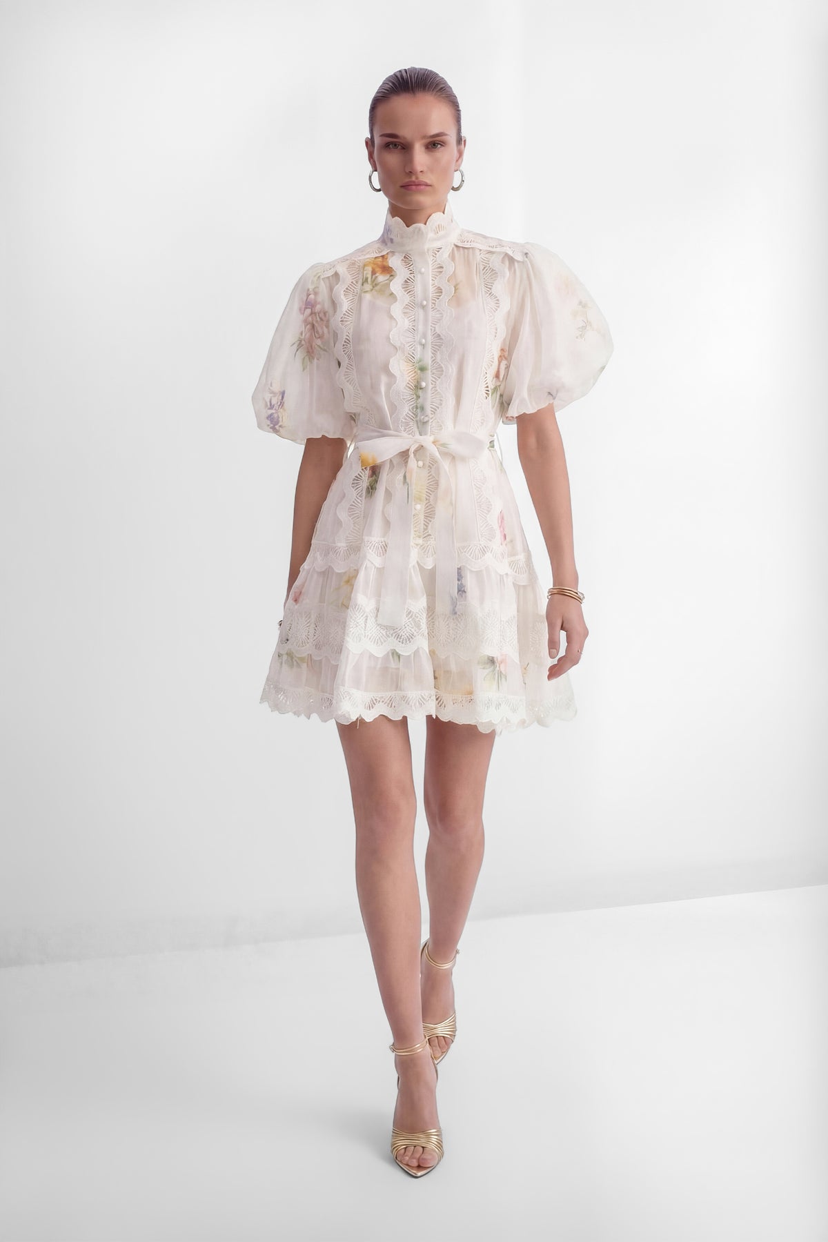 Whimsical Beauty Cream White Floral Print Lace Trim Mini Dress