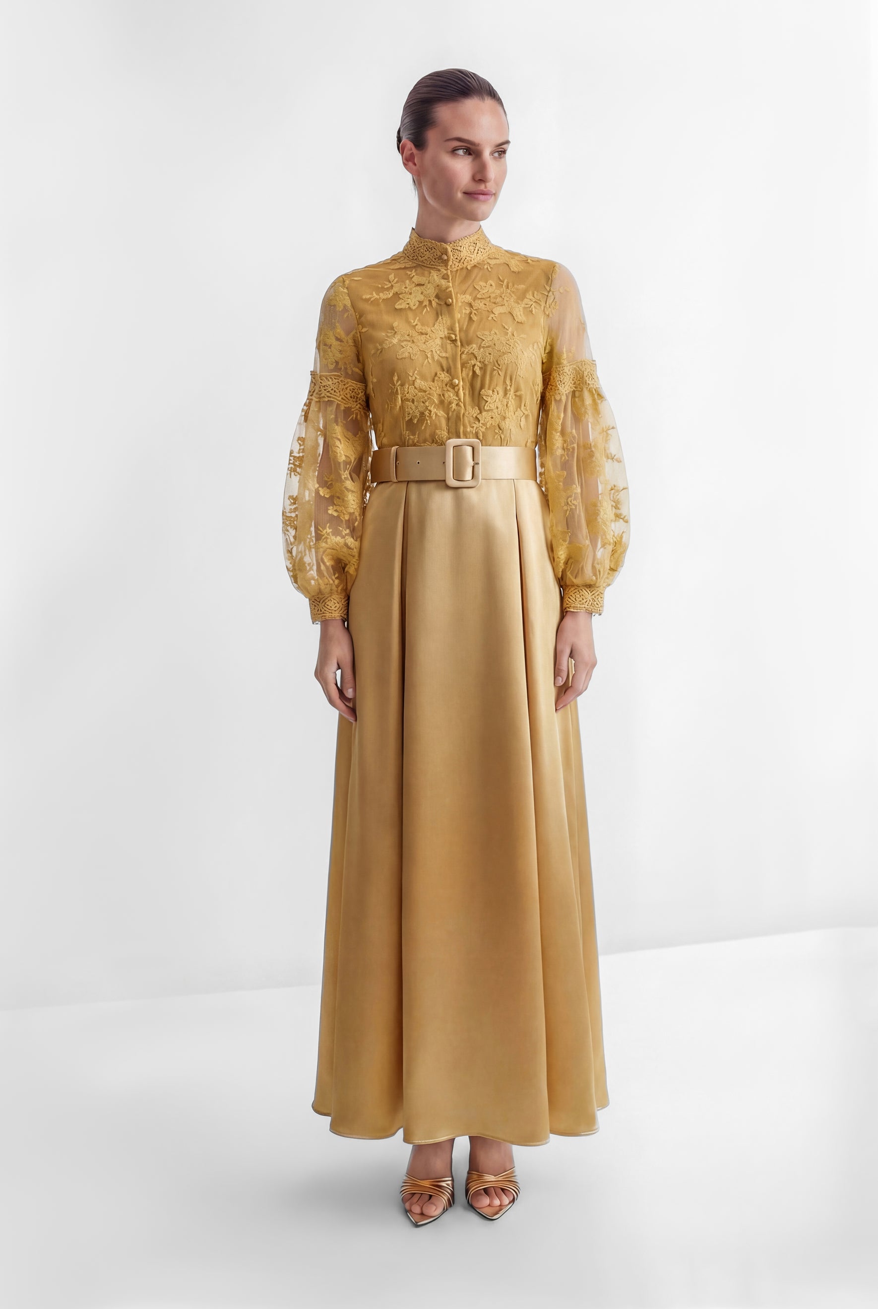 Perfectly Flirtatious Yellow Sheer Lace Sleeve Maxi Dress