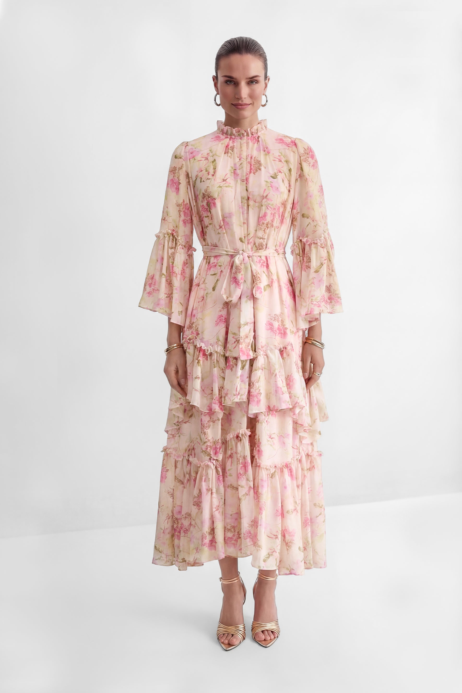 Dreamy Occasions Pink Floral Print Tiered Ruffle Maxi Dress