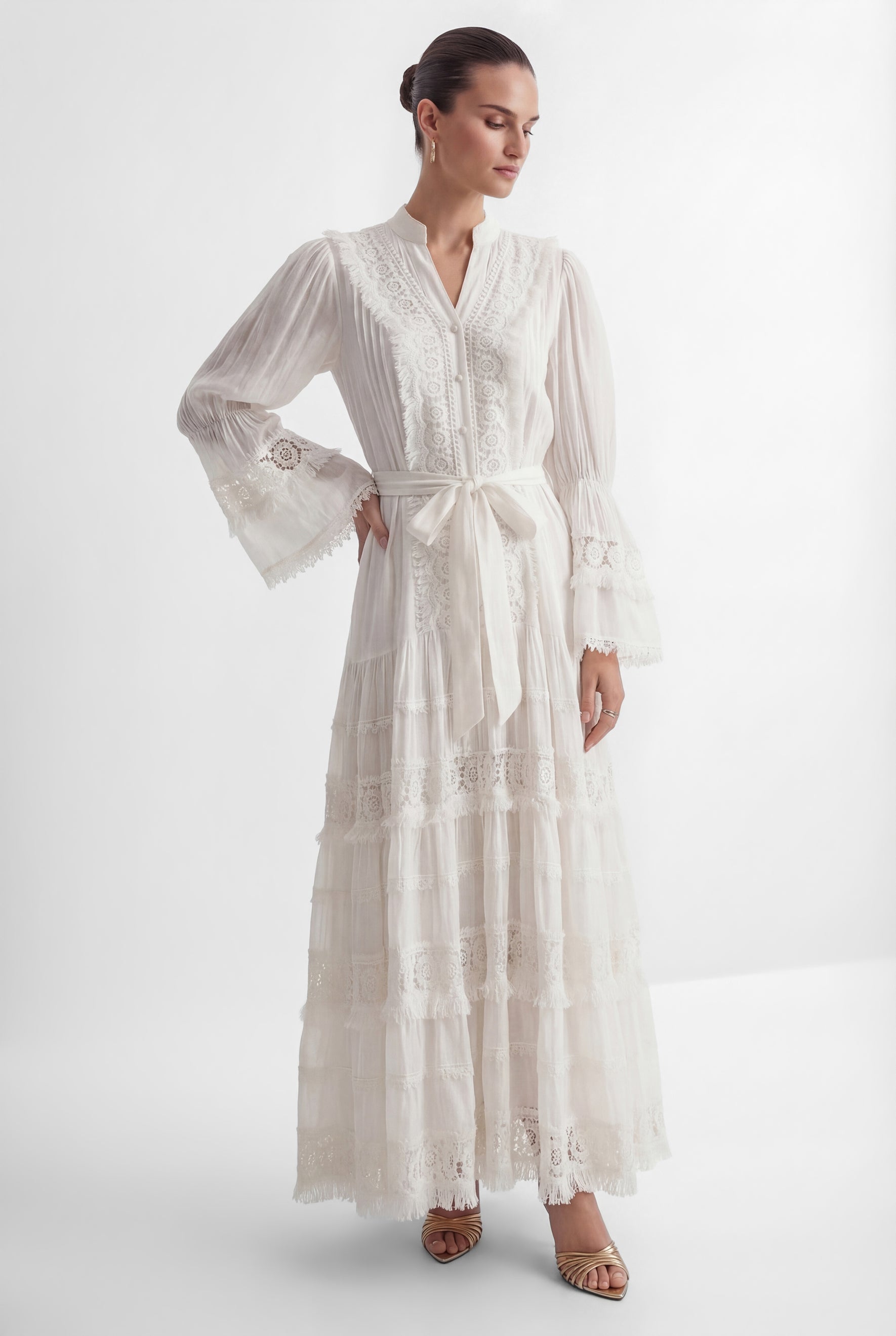 Graceful Darling White Floral Lace Bell Sleeve Maxi Dress