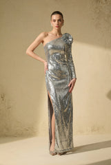 Sparkling Stunner Silver Sequin One-Shoulder Rosette Maxi Dress