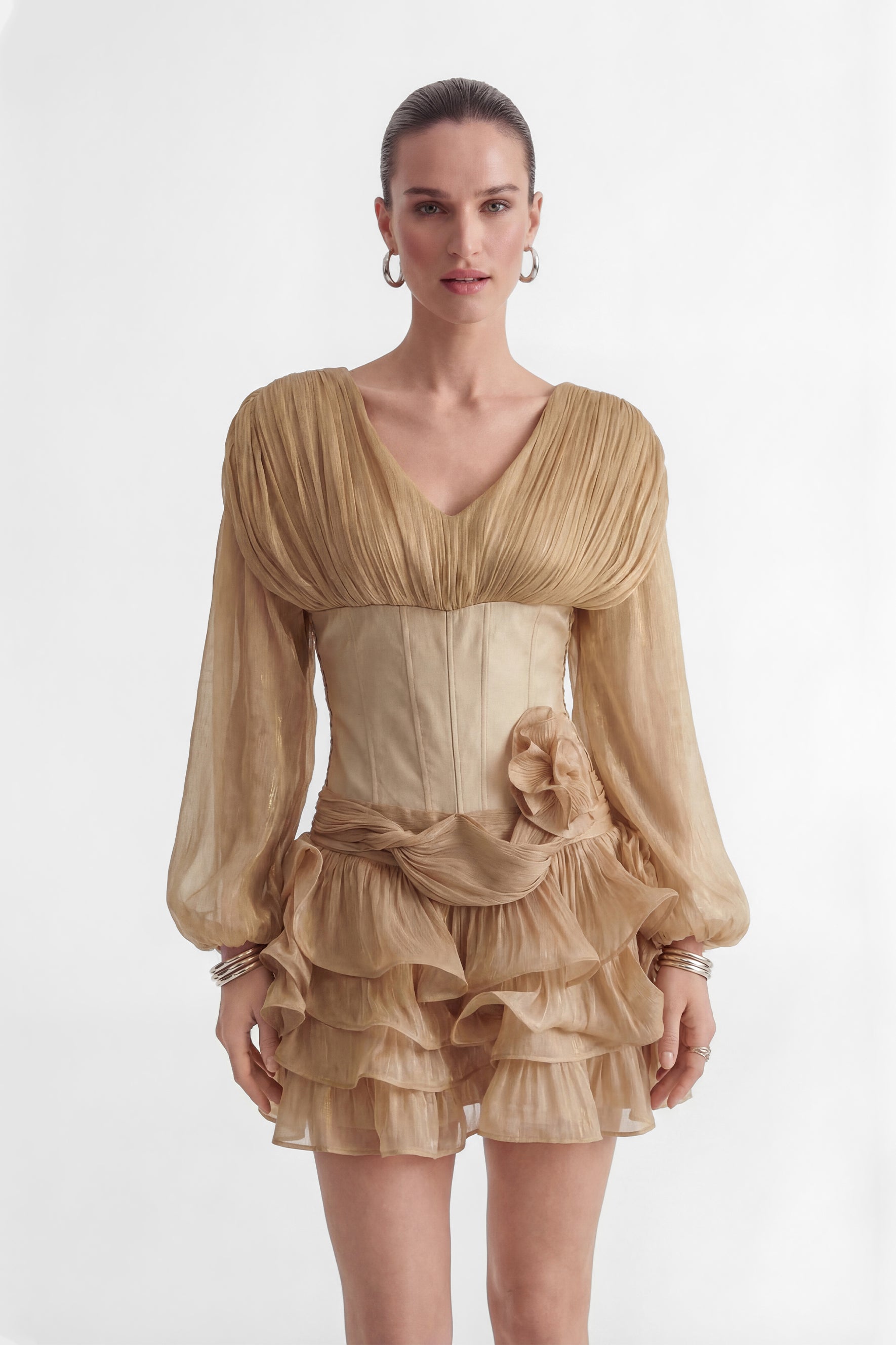 Dedicated To Glamour Khaki Corset Bodice Ruffled Mini Dress