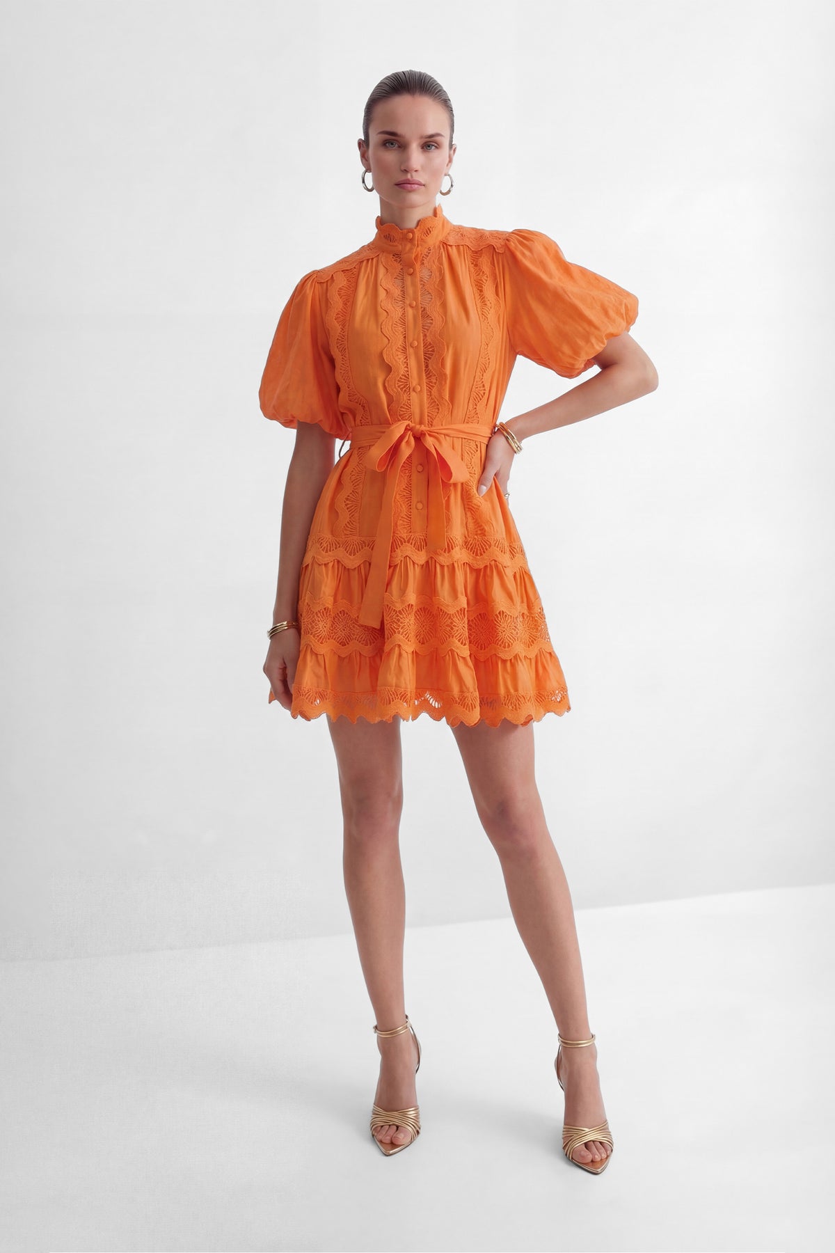 Gorgeous Essence Orange Lace Trim Tiered Mini Dress