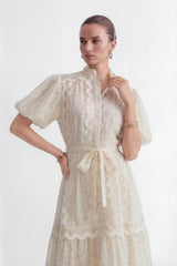 Momentous Love Beige Lace Trim Polka Dot Maxi Dress