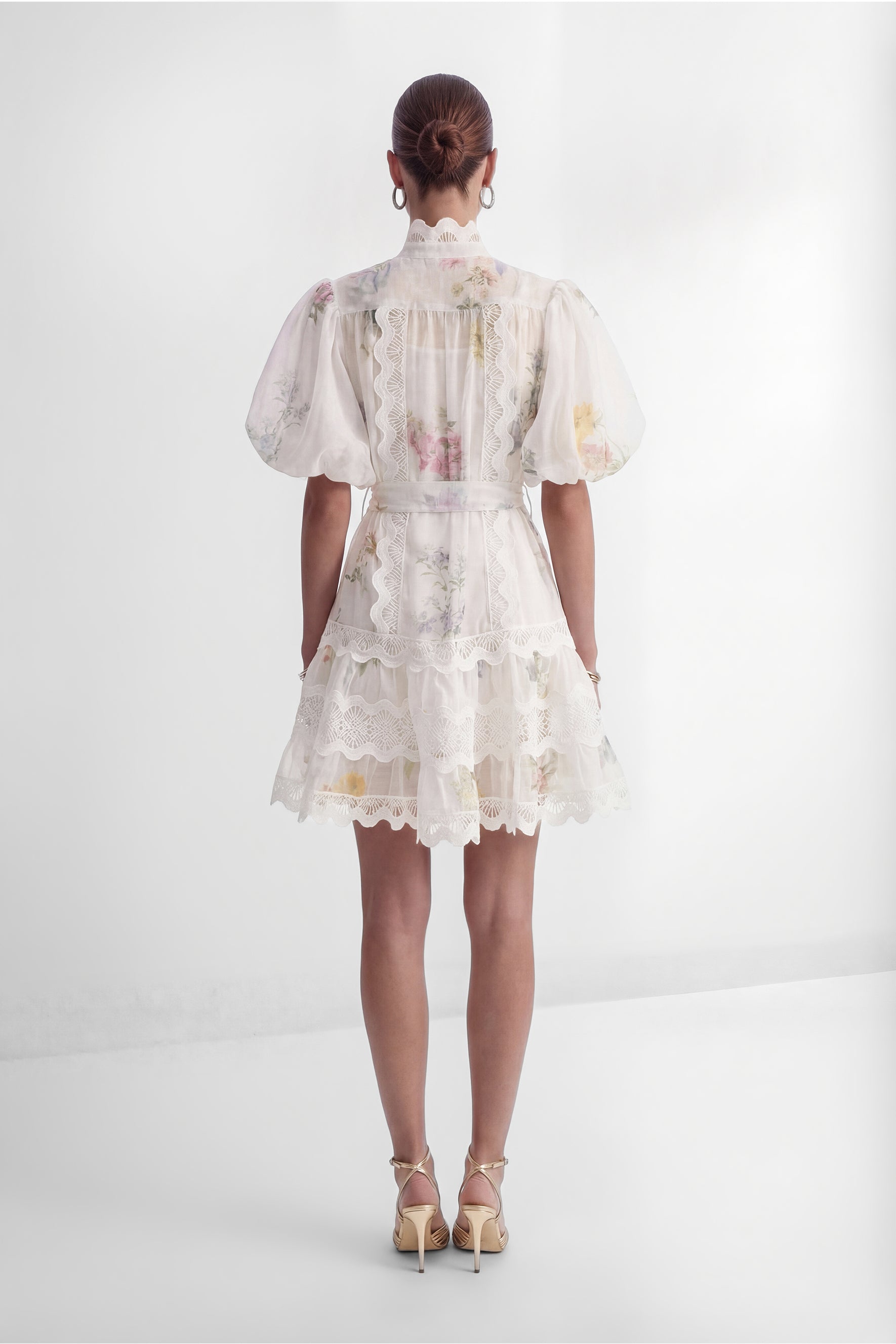 Whimsical Beauty Cream White Floral Print Lace Trim Mini Dress