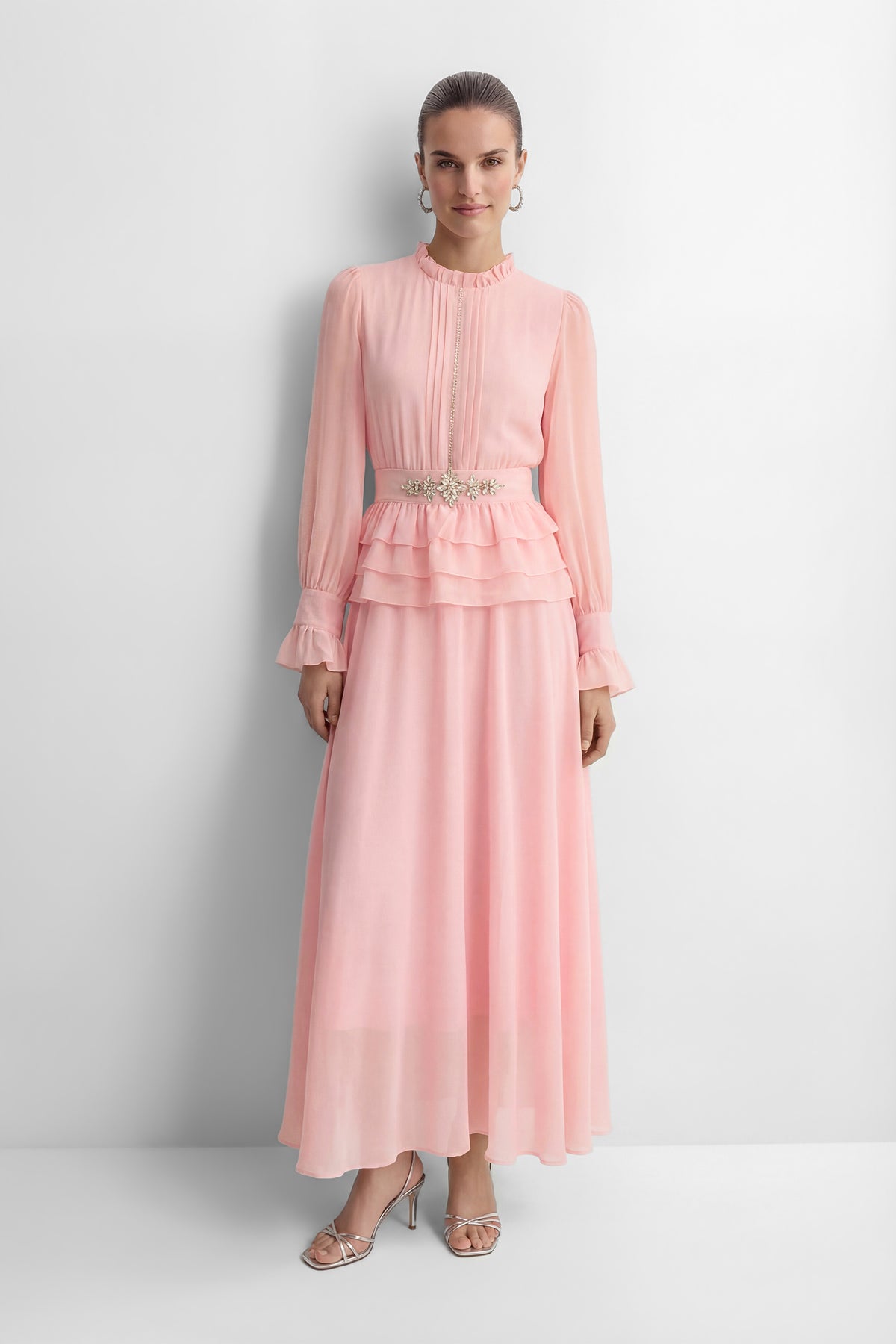 Sprinkle Of Sass Pink Rhinestone Belt Ruffled Maxi Dress