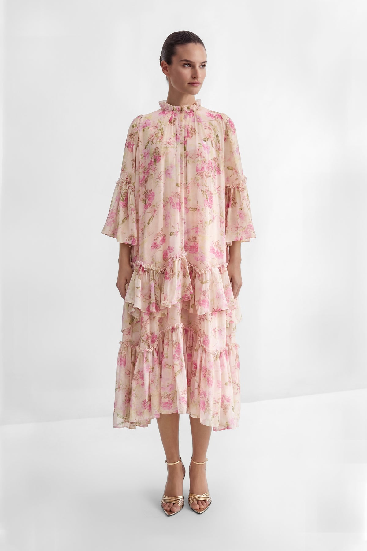 Dreamy Occasions Pink Floral Print Tiered Ruffle Maxi Dress