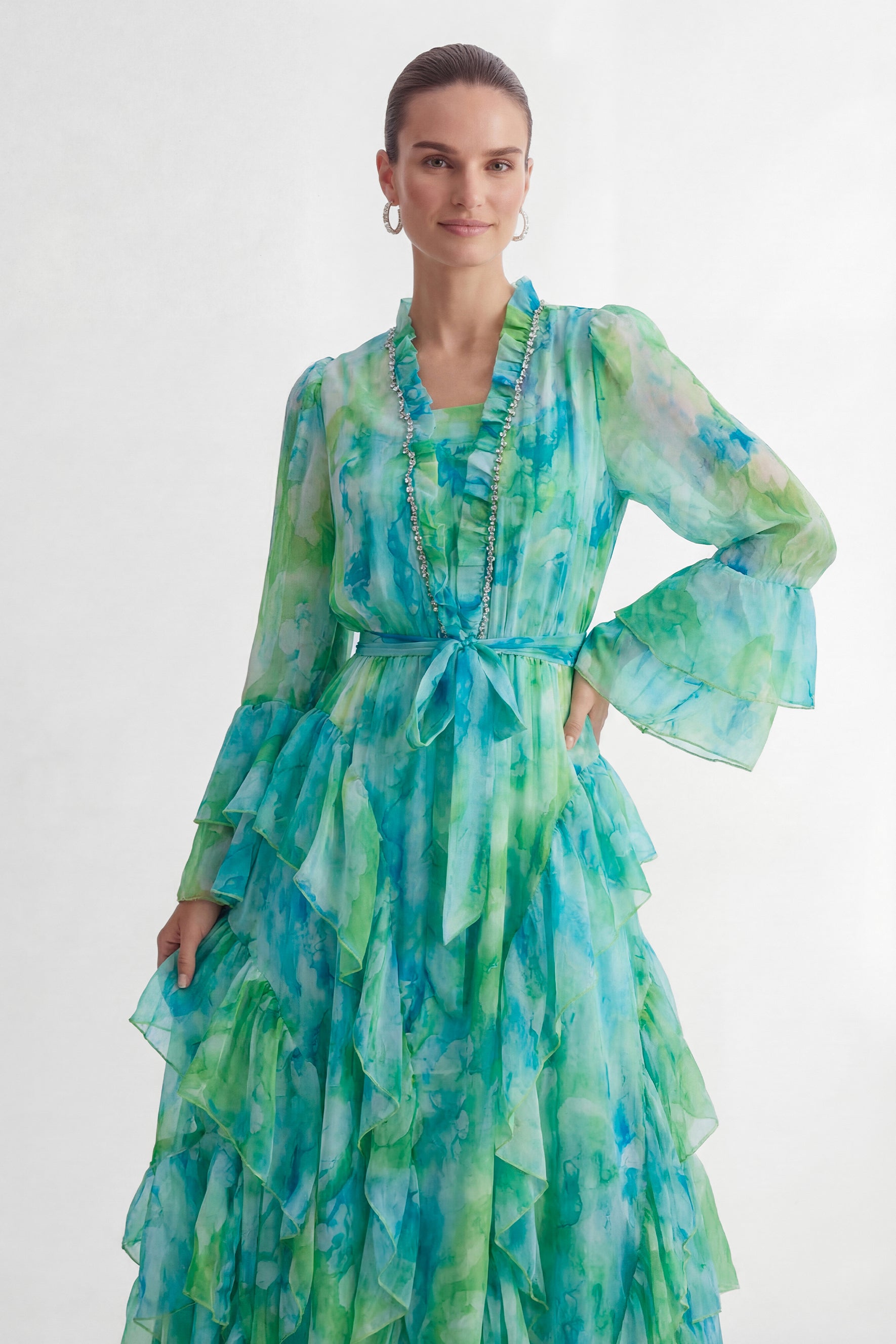 Vibes On Point Mint Green Abstract Print Tiered Ruffle Maxi Dress