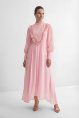Wanna Know Your Name Pink Beaded Ruffle Trim Maxi Dress