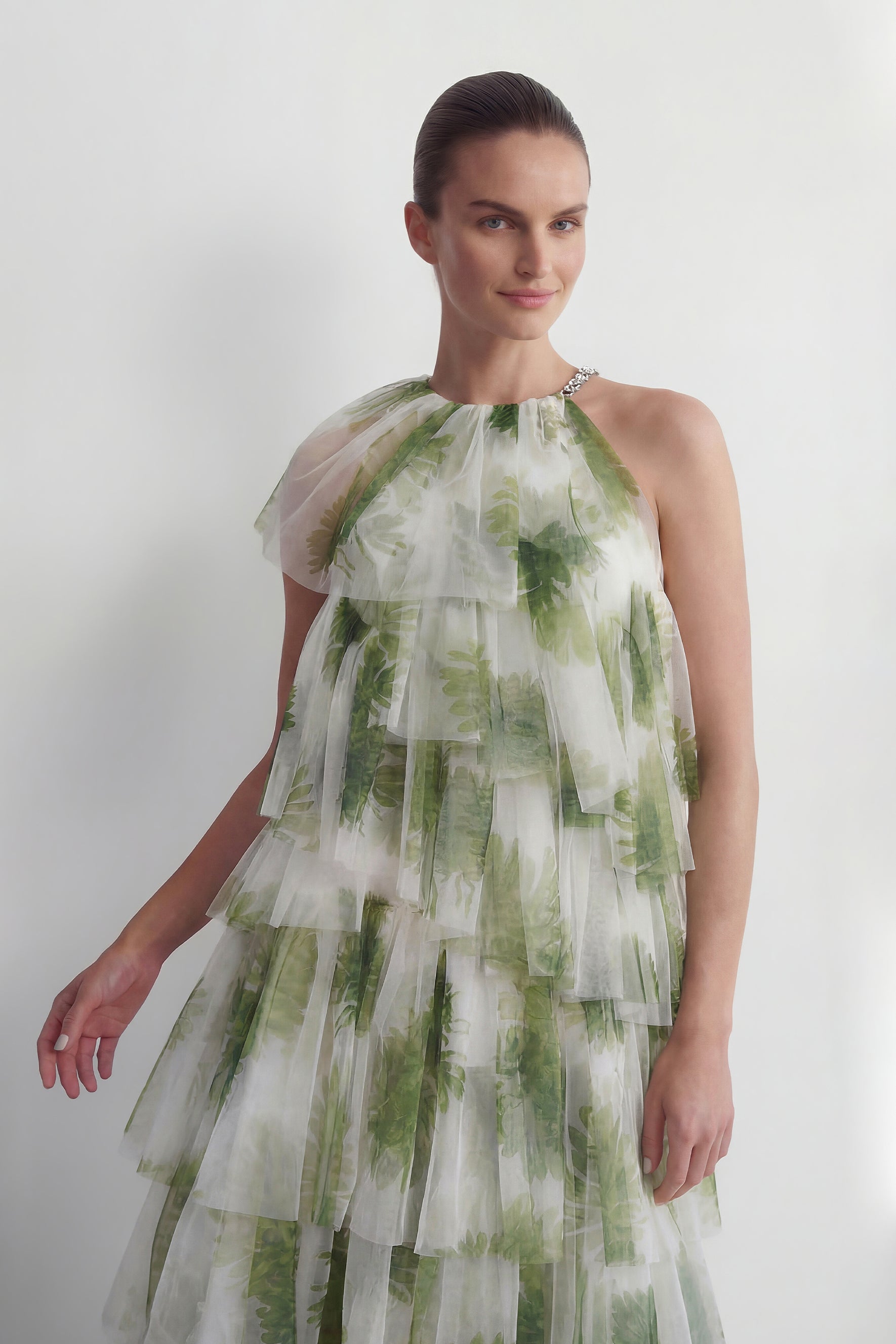 Garden Romance Green Leaf Print Tiered Tulle Maxi Dress