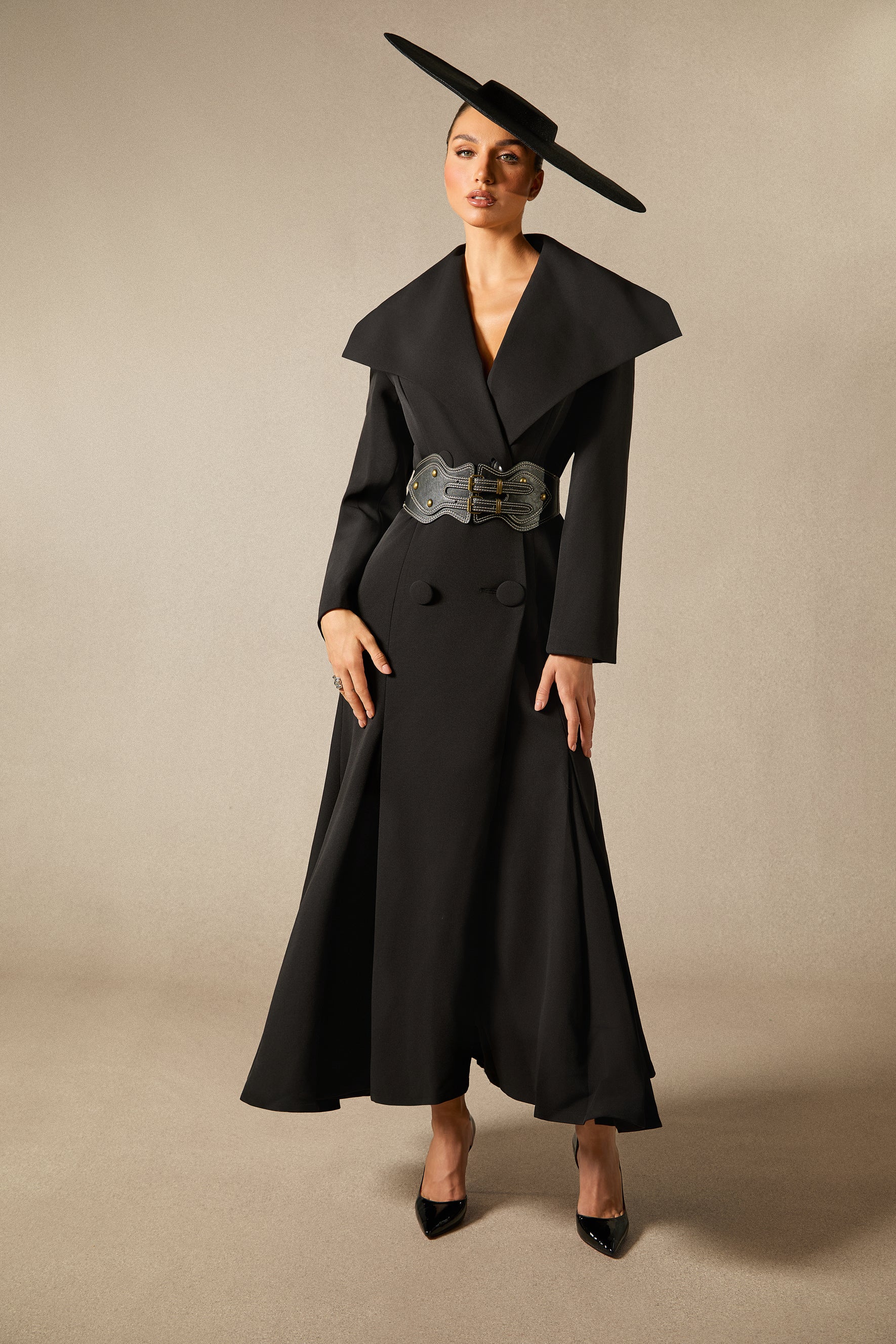Gabrielle Wide Lapel Double Breasted Coat with Belt