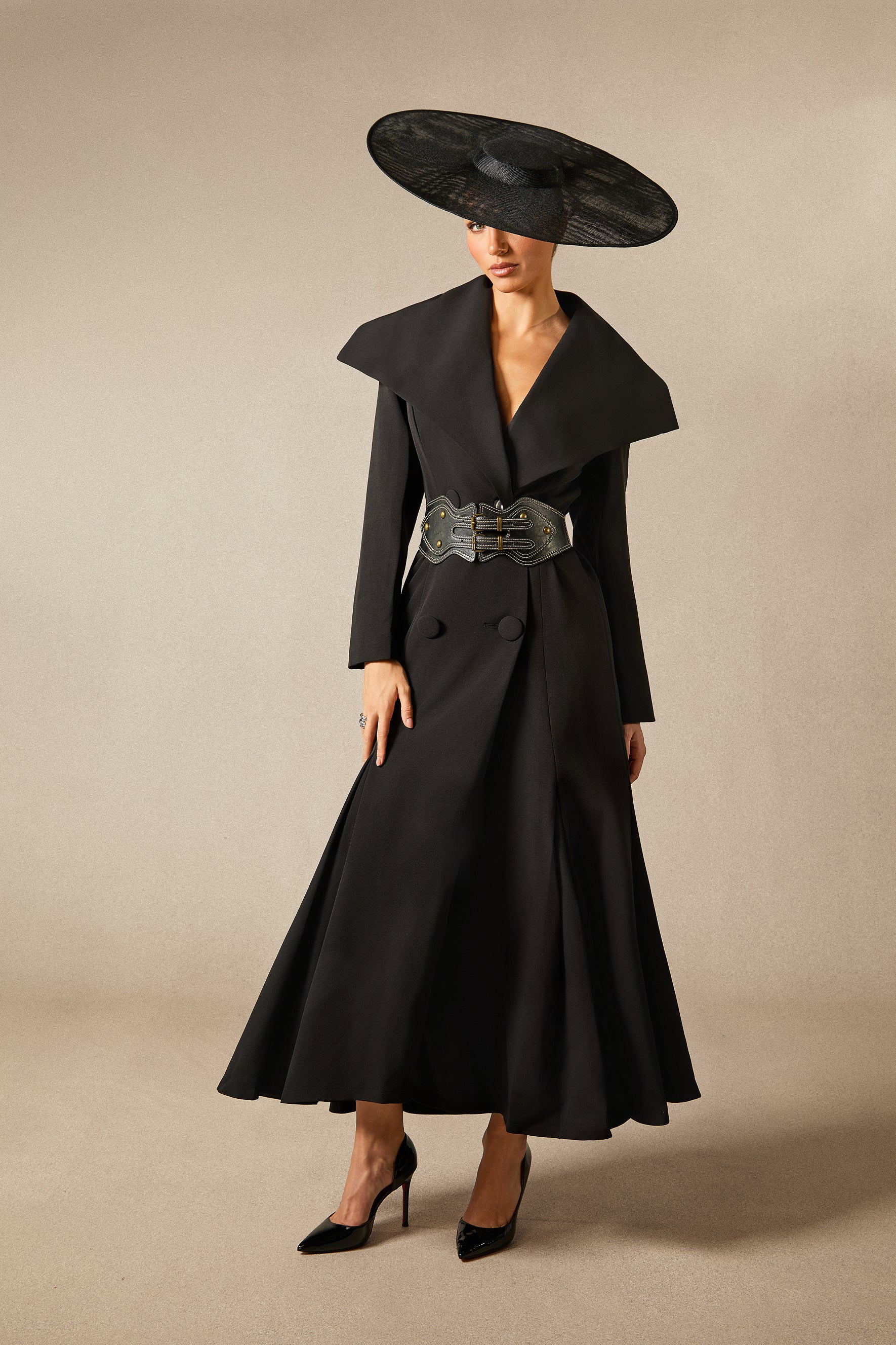 Gabrielle Wide Lapel Double Breasted Coat with Belt