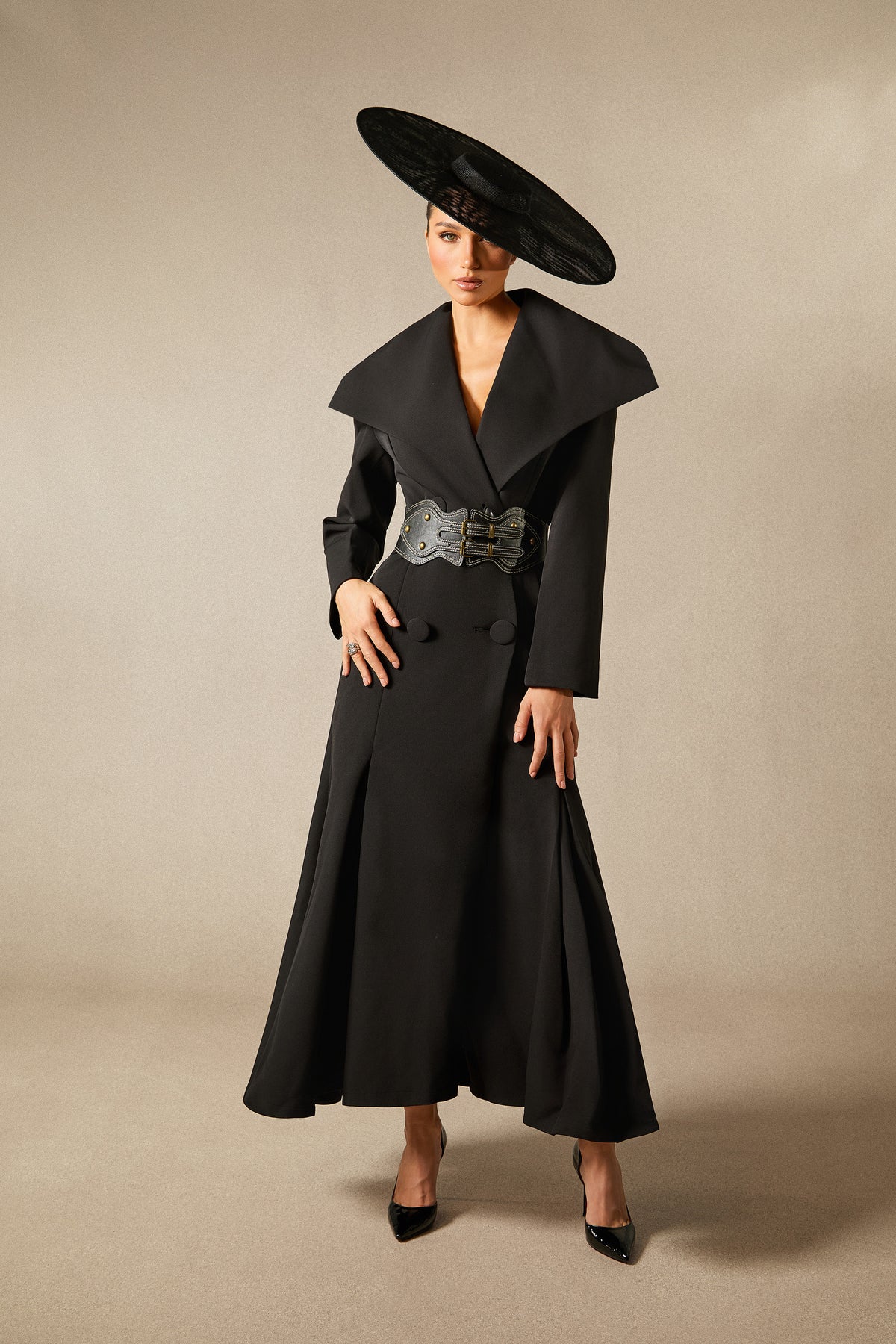 Gabrielle Wide Lapel Double Breasted Coat with Belt
