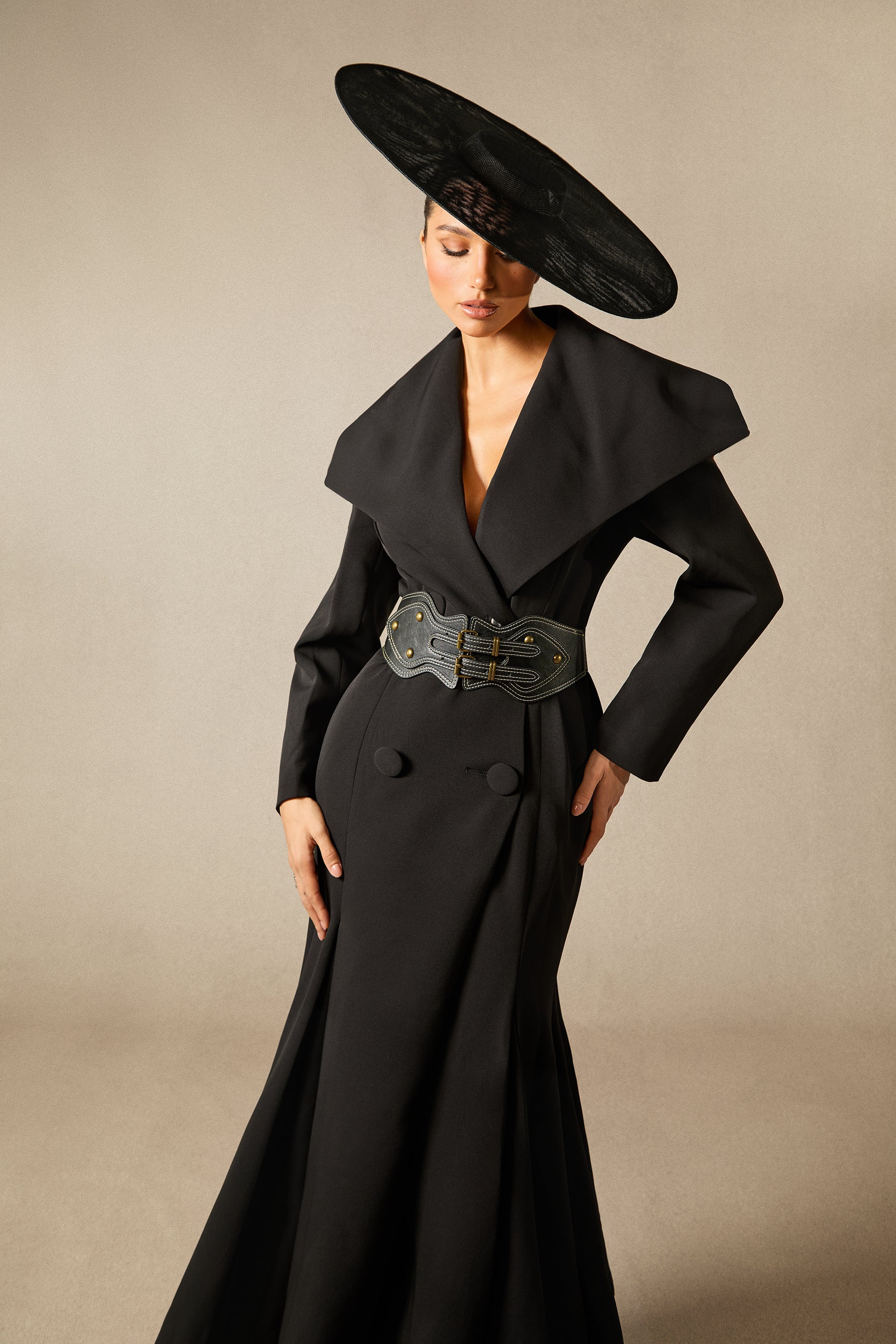 Gabrielle Wide Lapel Double Breasted Coat with Belt