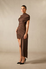 Elena Asymmetric Shoulder Draped Mini Dress