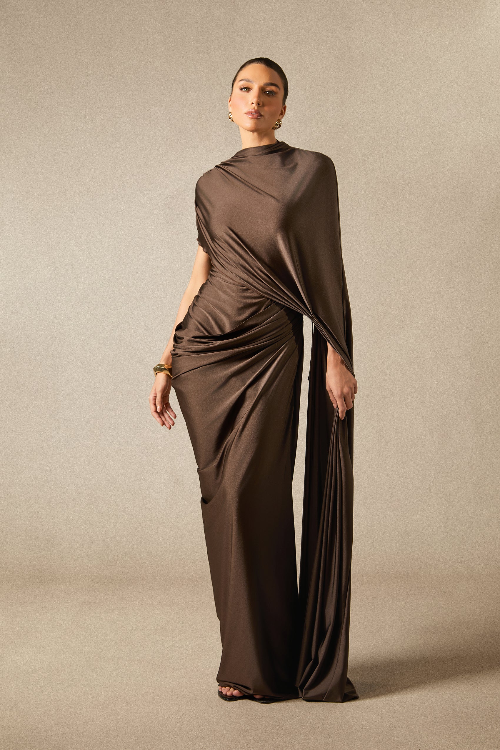 Melina Asymmetric Sleeve Drape Maxi Dress