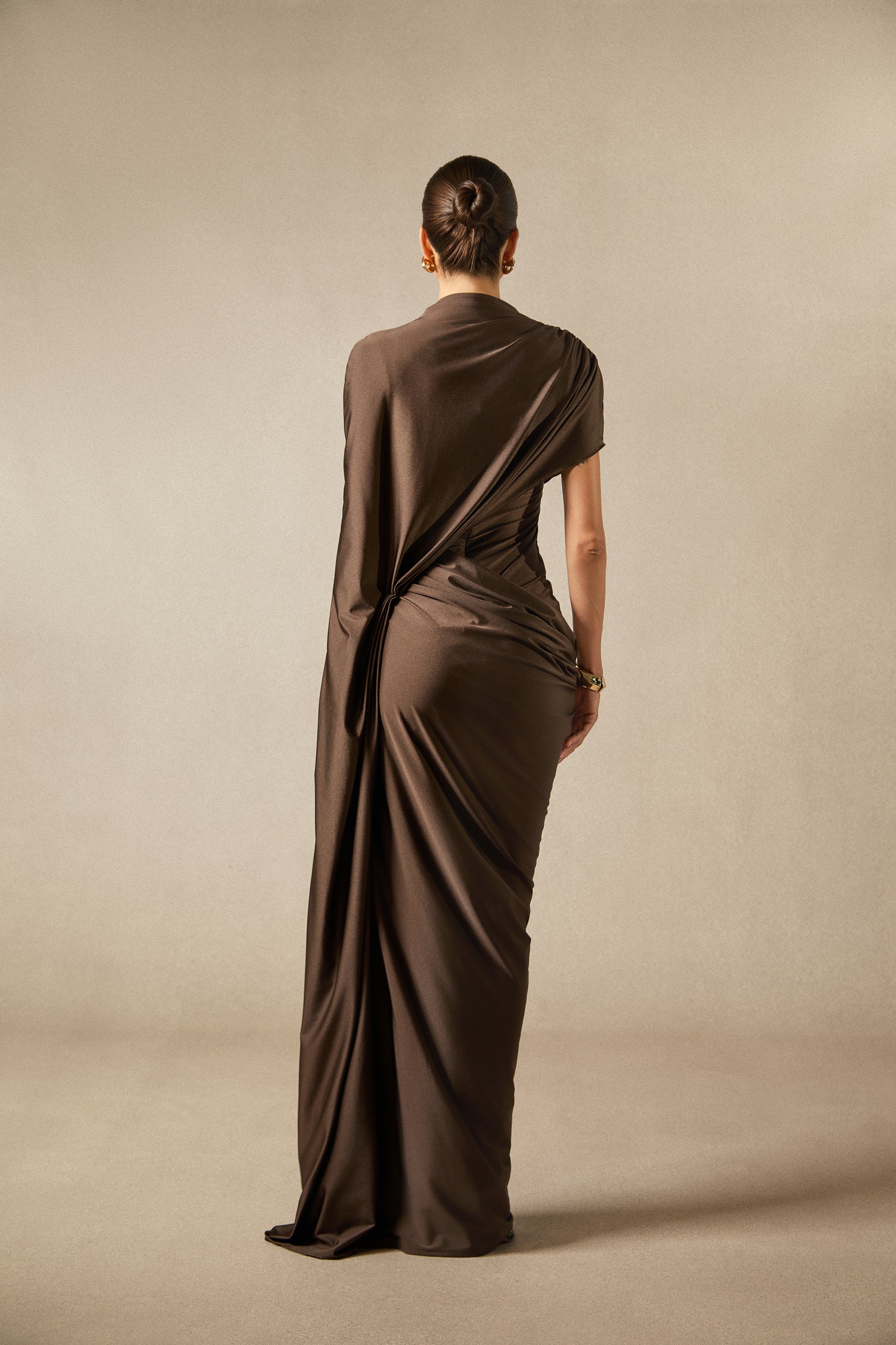 Melina Asymmetric Sleeve Drape Maxi Dress