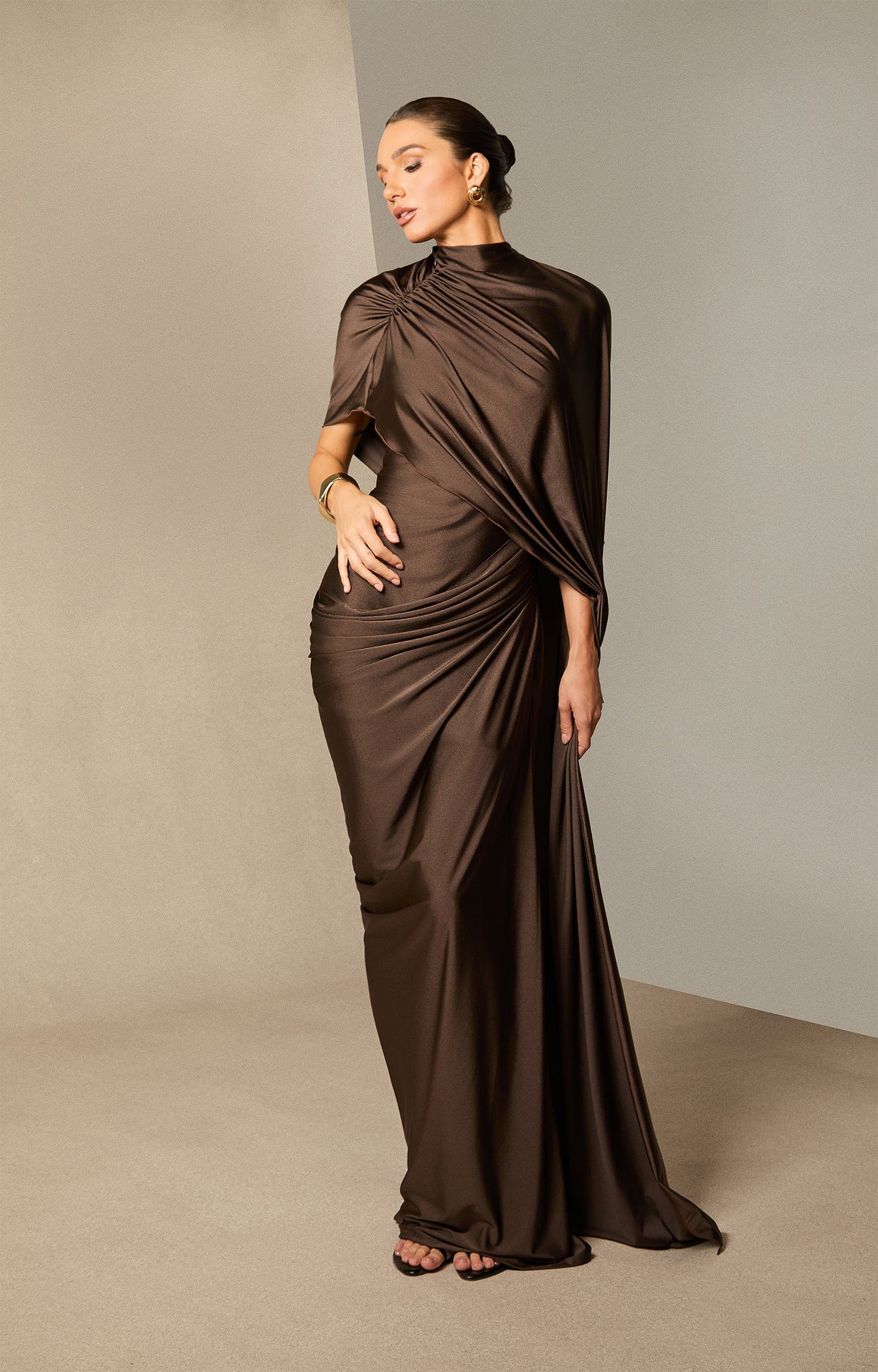 Melina Asymmetric Sleeve Drape Maxi Dress