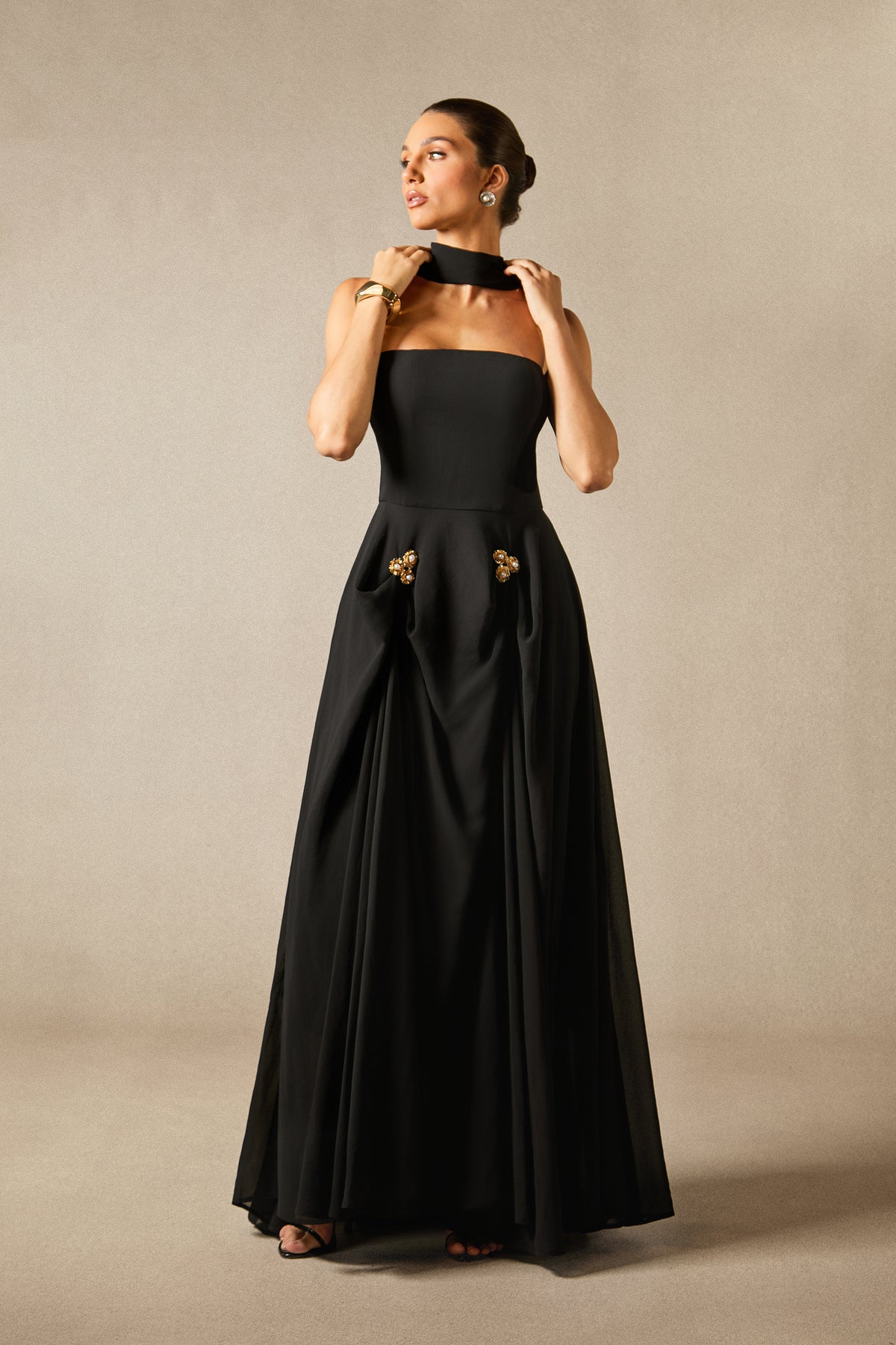 Sarah Strapless Floral Detail Maxi Dress with Scarf