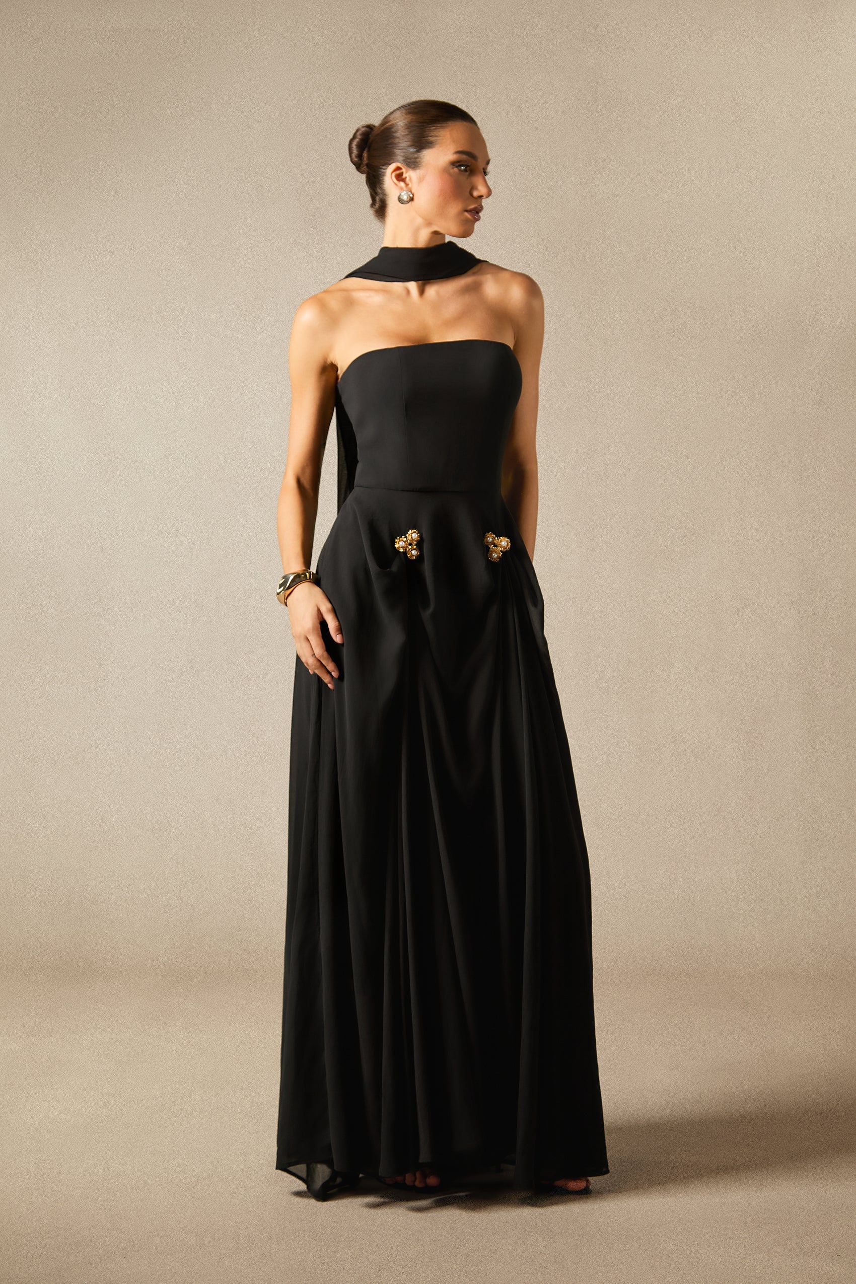 Sarah Strapless Floral Detail Maxi Dress with Scarf