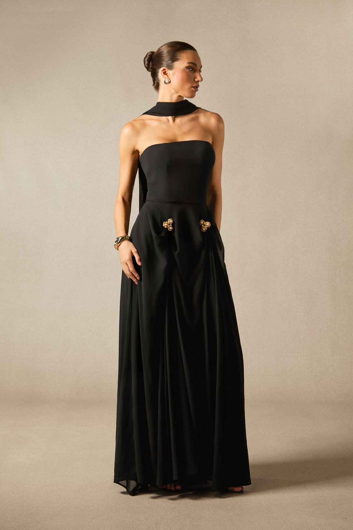 Sarah Strapless Floral Detail Maxi Dress with Scarf