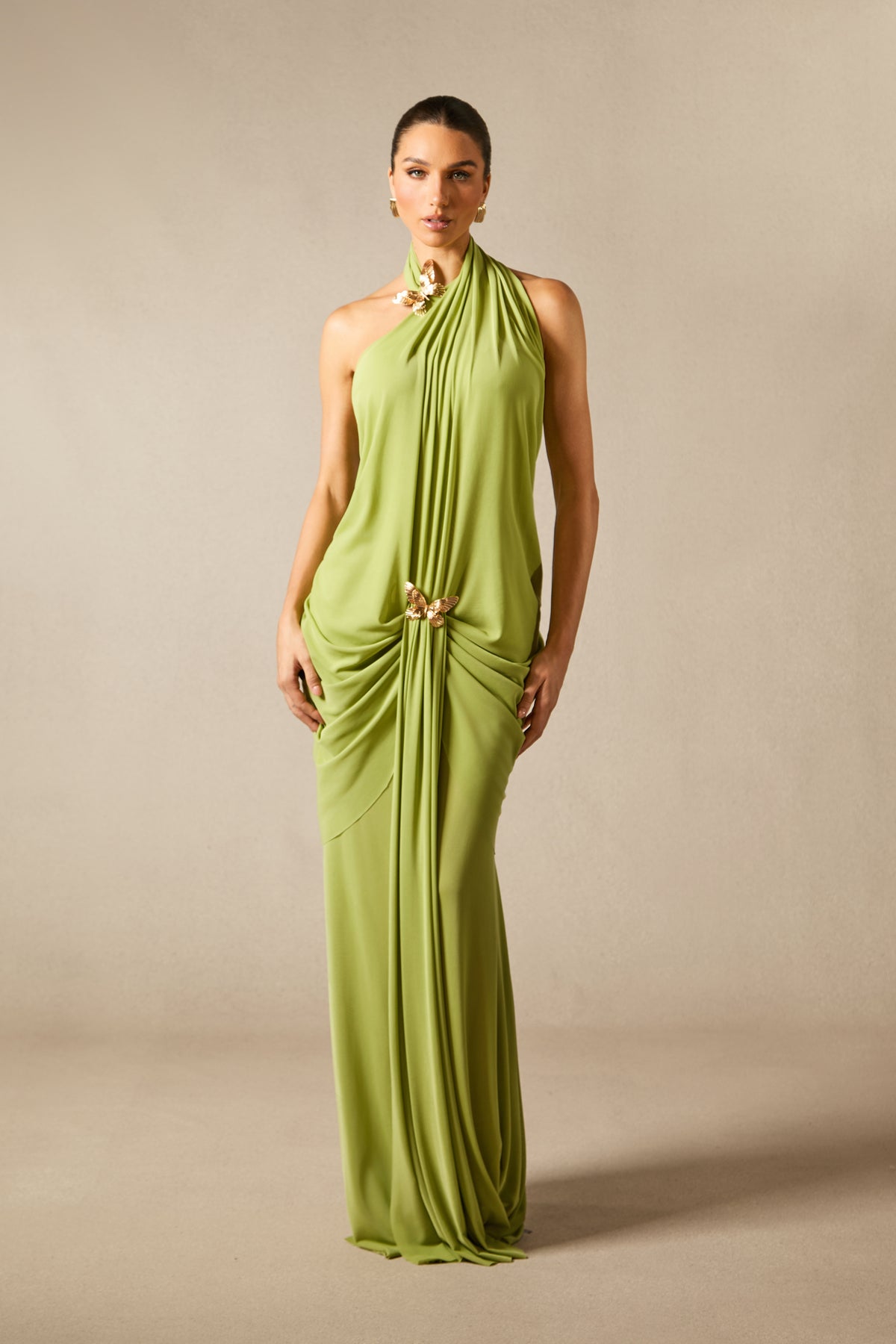 Sabrina Butterfly Embellished Draped Maxi Dress