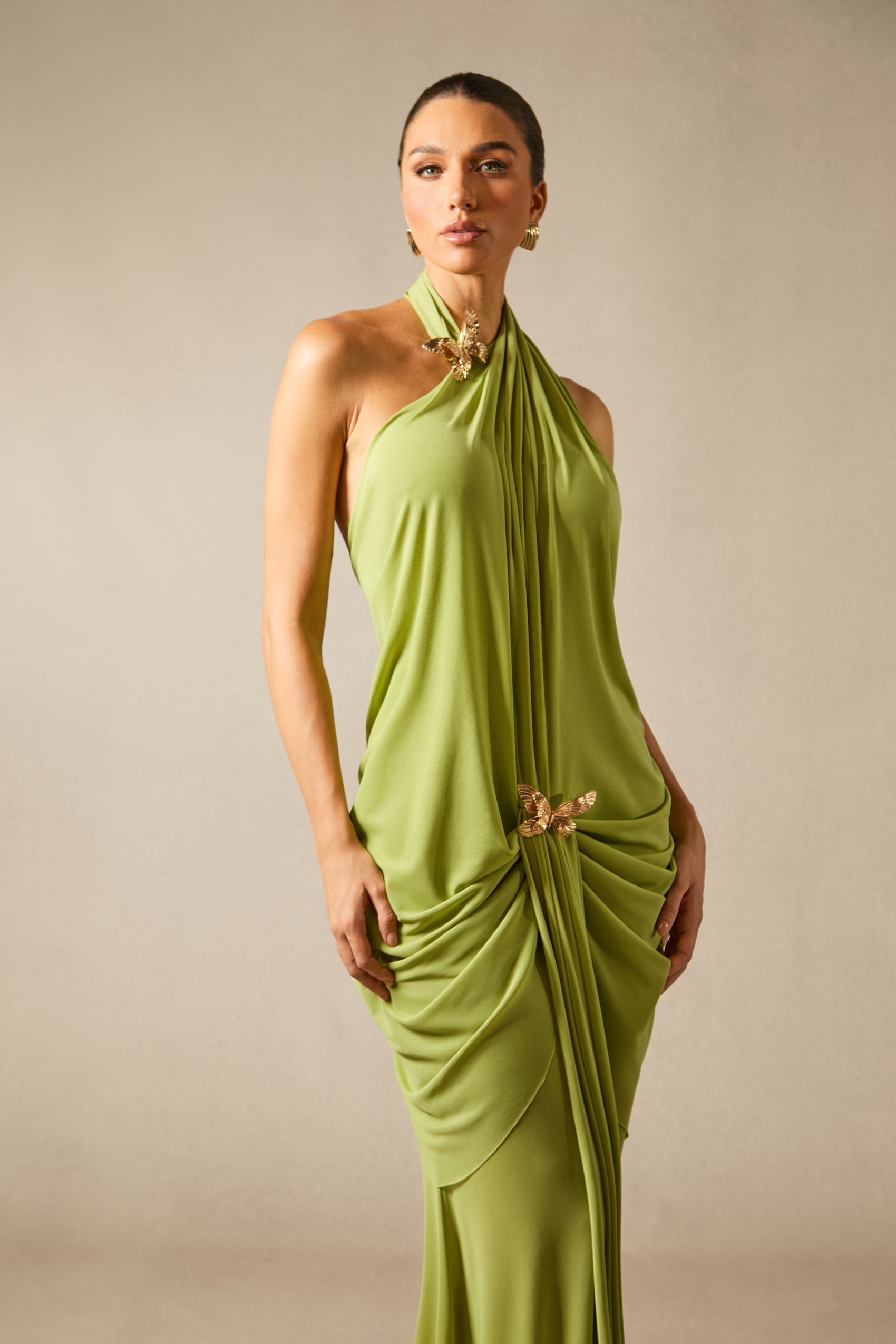 Sabrina Butterfly Embellished Draped Maxi Dress
