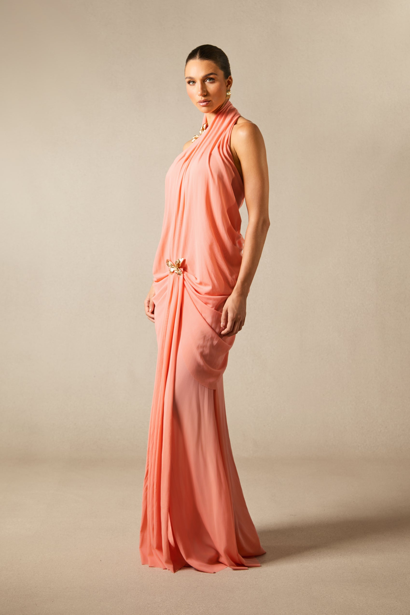 Sabrina Butterfly Embellished Draped Maxi Dress
