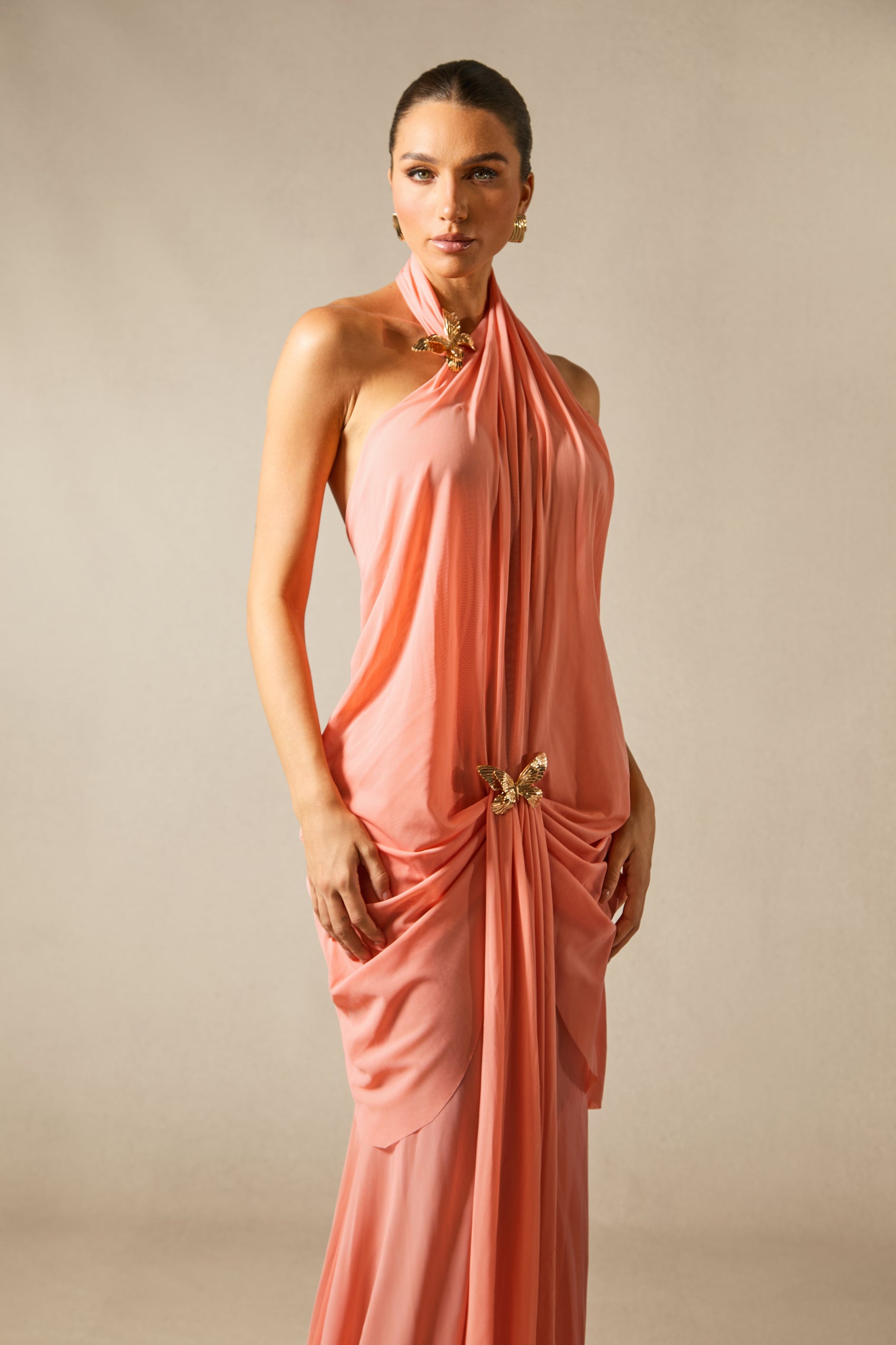 Sabrina Butterfly Embellished Draped Maxi Dress
