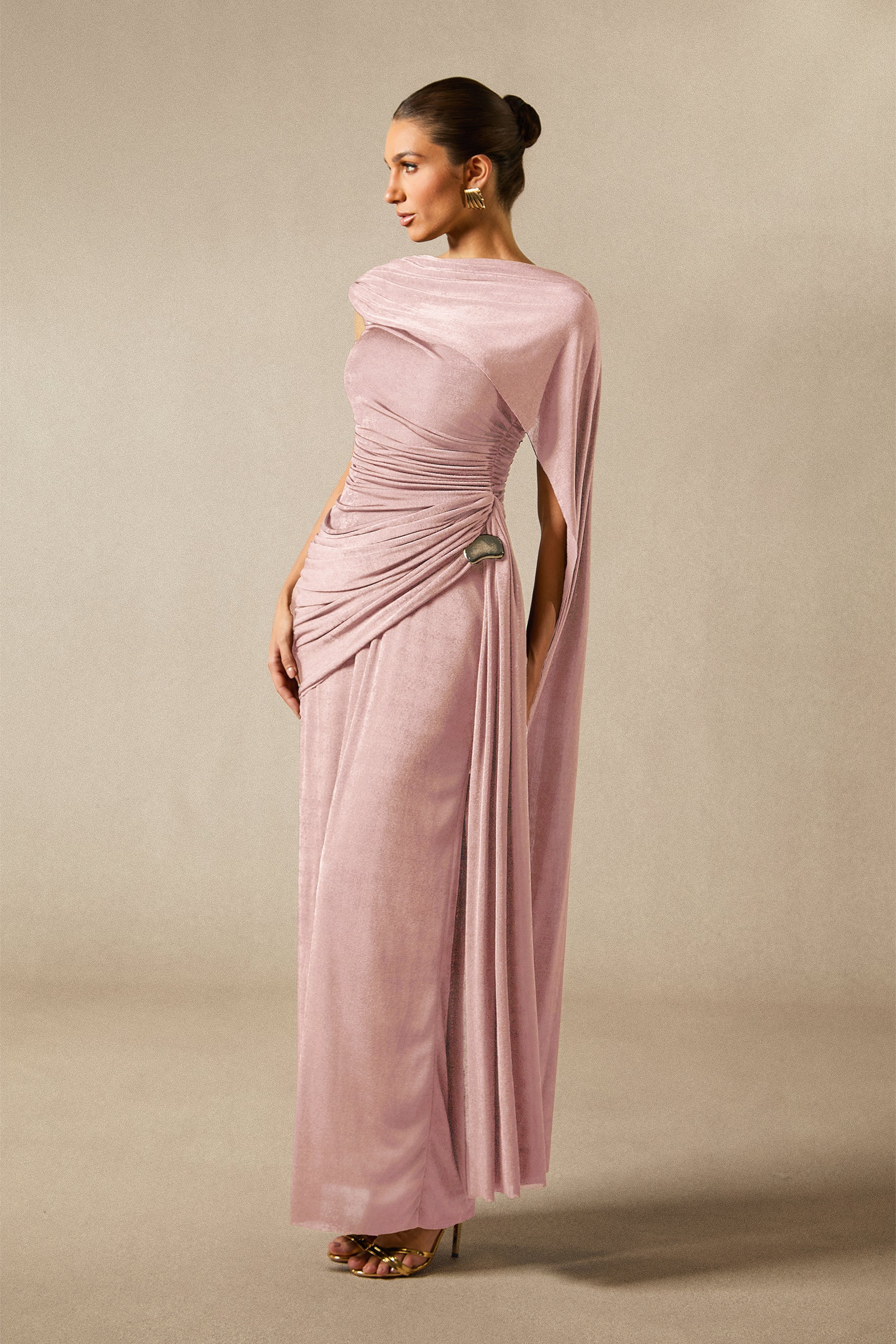 Aubrie One Shoulder Draped Cape Maxi Dress