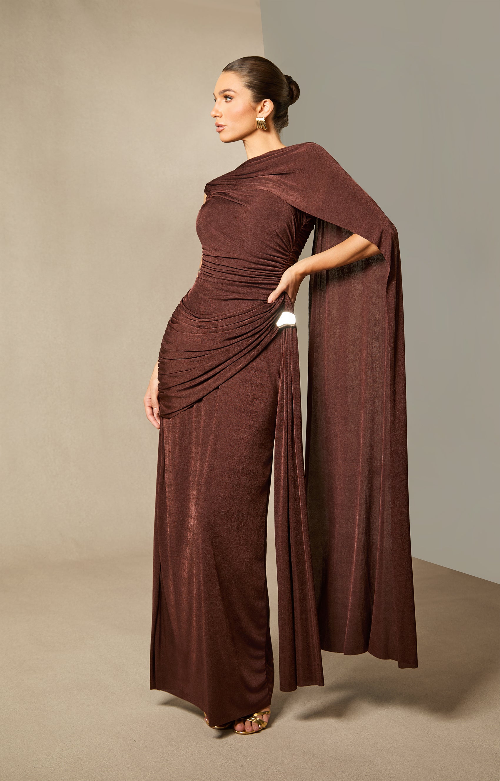 Aubrie One Shoulder Draped Cape Maxi Dress