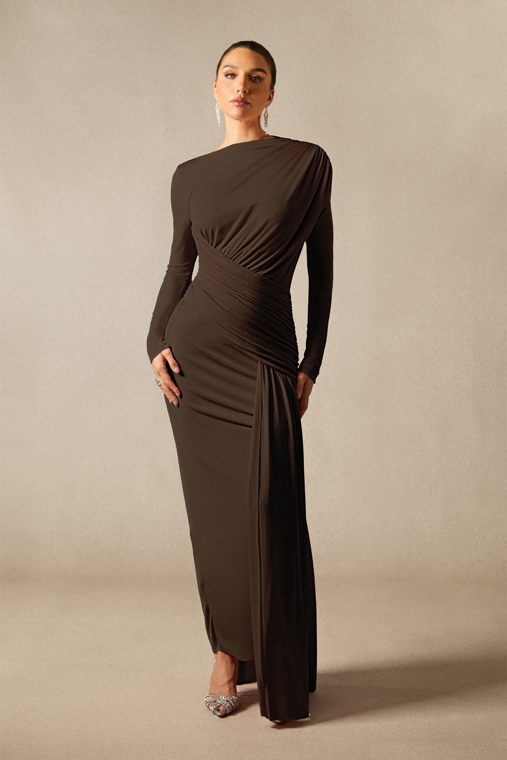 Casey Asymmetric Ruched Bodice Maxi Dress