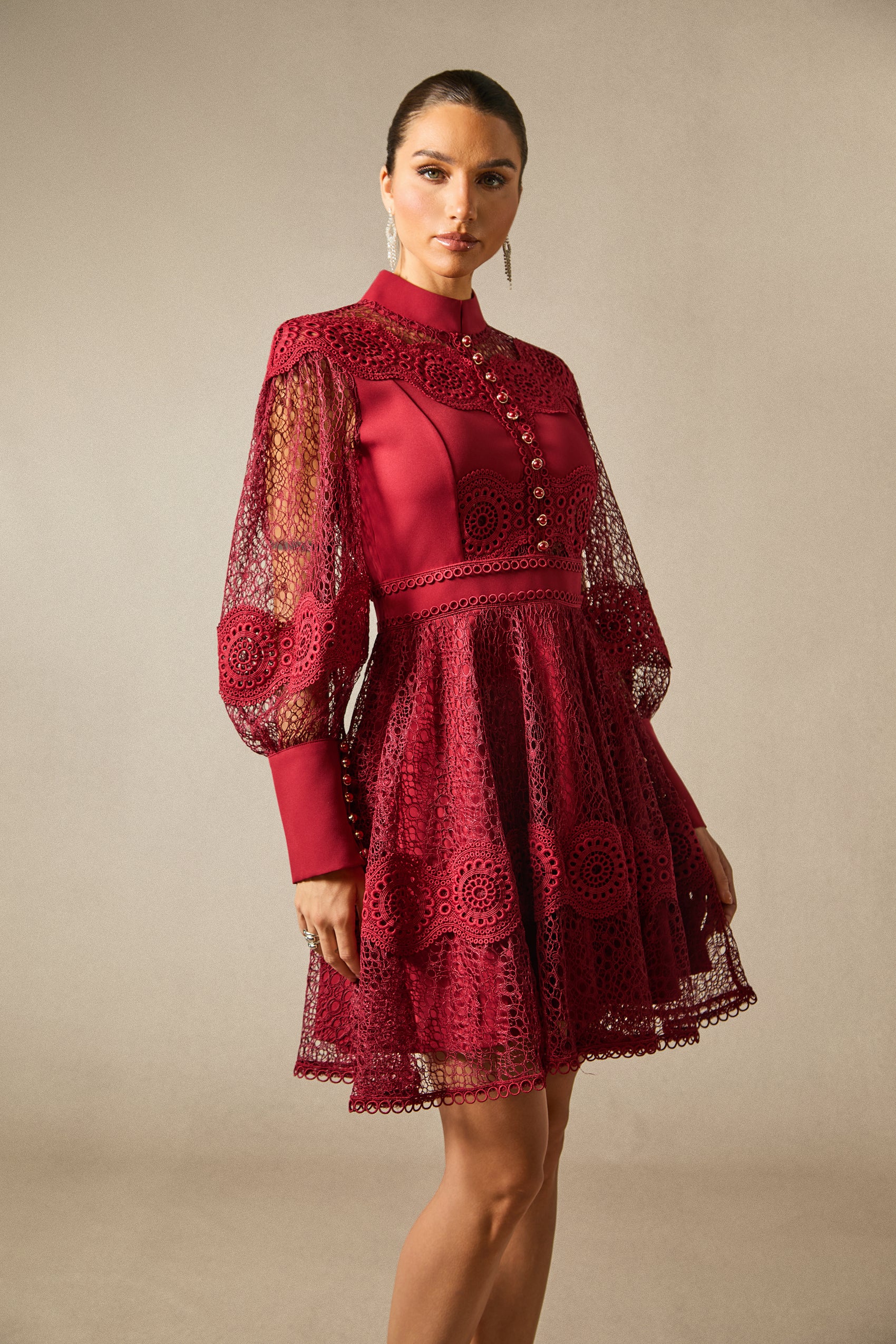 Charlotte High Neck Puff Sleeve Lace Mini Dress