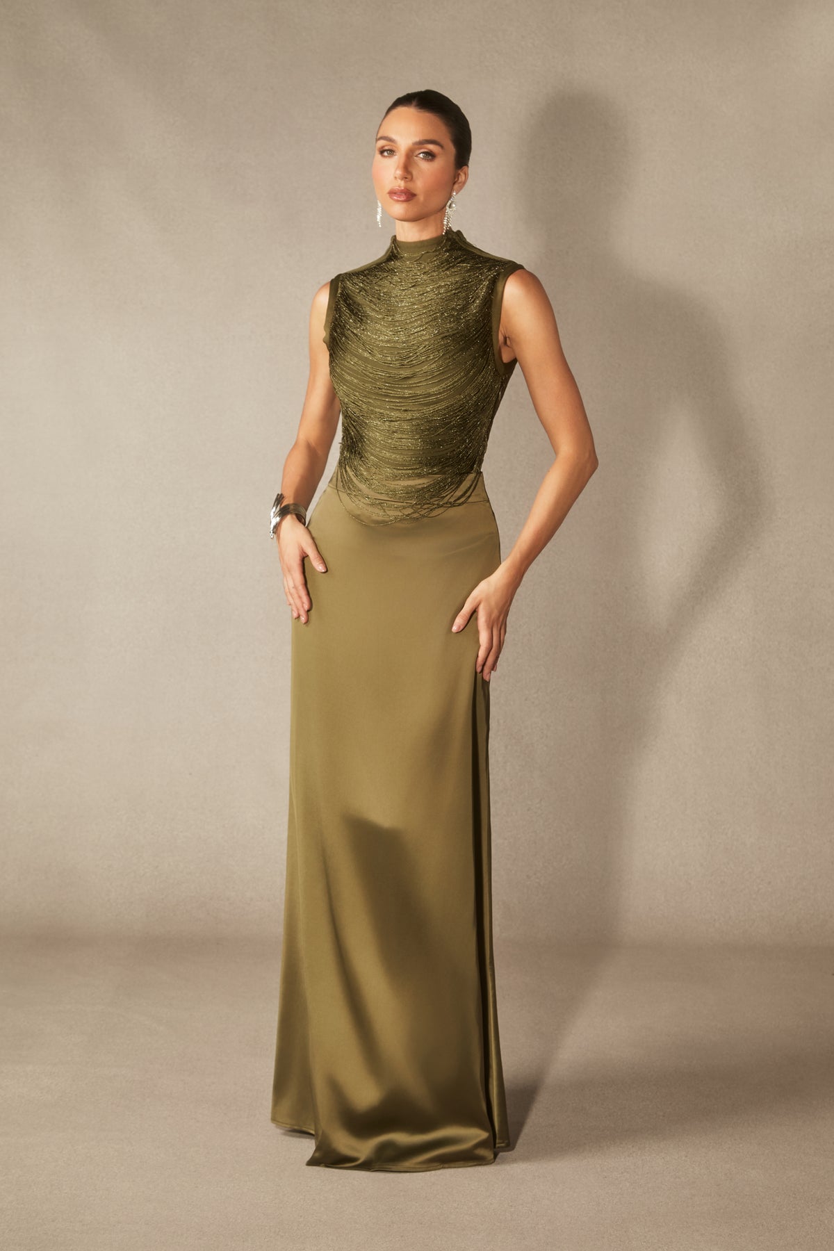 Alisha Sleeveless Beaded Crop Top & Satin Skirt Set