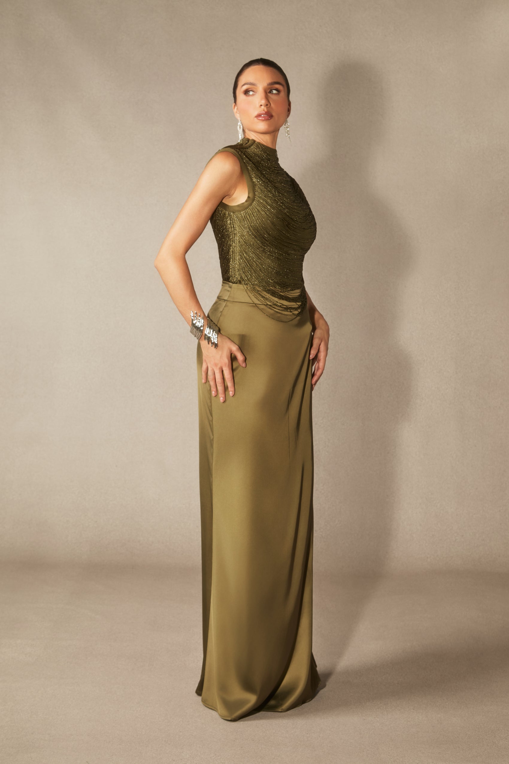 Alisha Sleeveless Beaded Crop Top & Satin Skirt Set