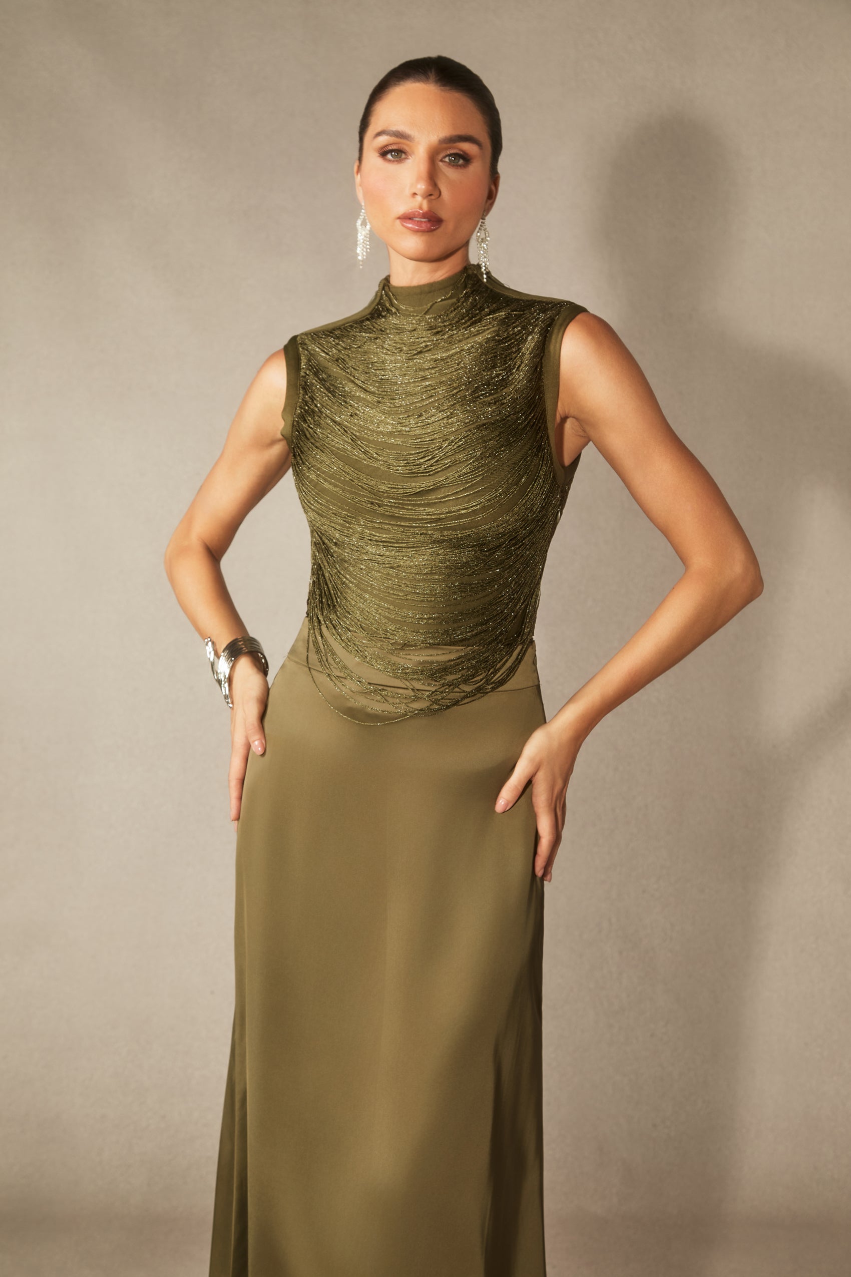 Alisha Sleeveless Beaded Crop Top & Satin Skirt Set