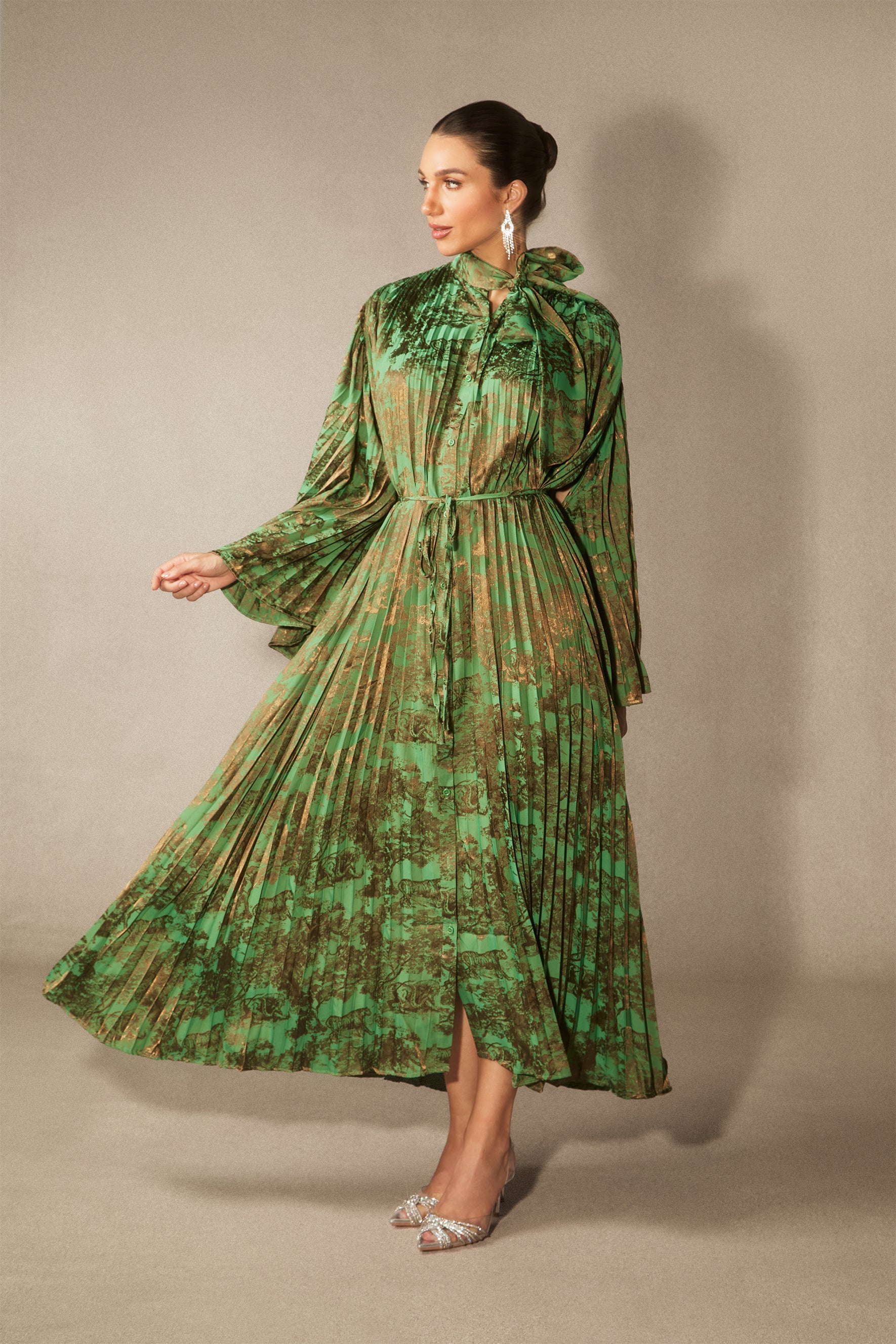 Leona Pleated Bodice Cape Sleeve Maxi Dress
